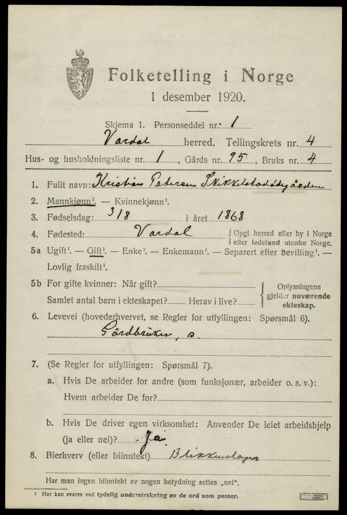 SAH, 1920 census for Vardal, 1920, p. 2853