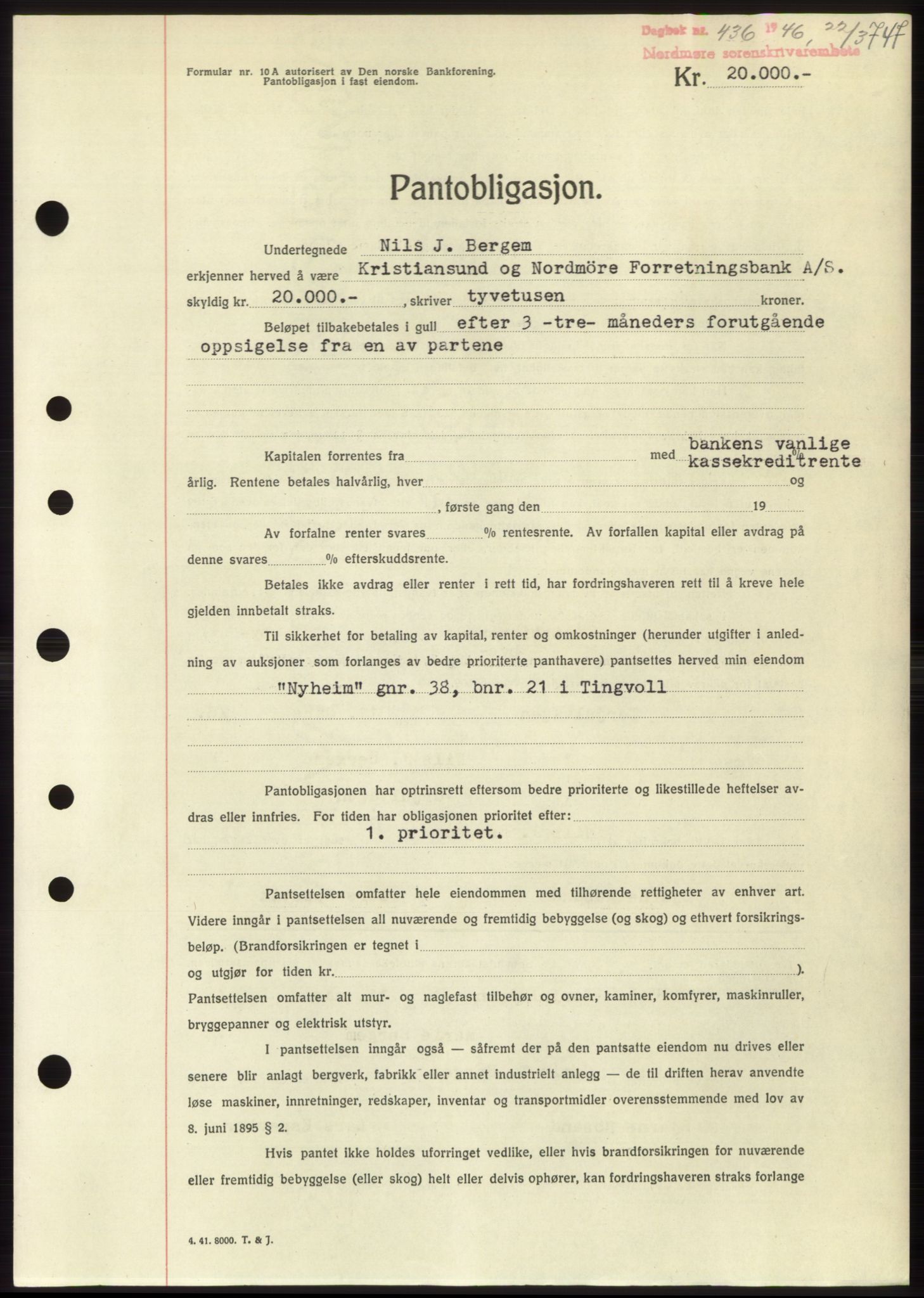 Nordmøre sorenskriveri, AV/SAT-A-4132/1/2/2Ca: Mortgage book no. B93b, 1946-1946, Diary no: : 436/1946