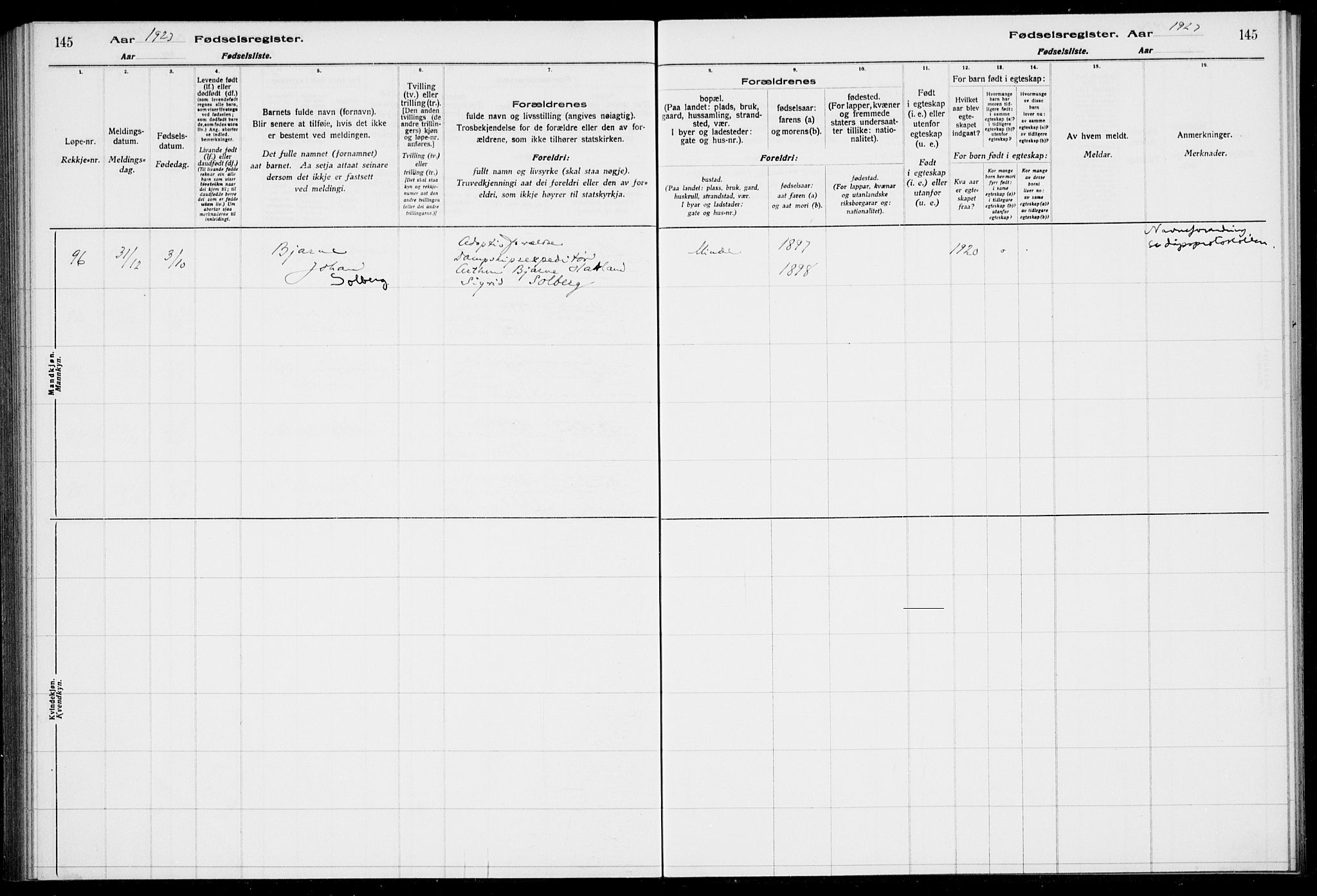 Birkeland Sokneprestembete, AV/SAB-A-74601/I/Id/L00A1: Birth register no. A 1, 1916-1926, p. 145