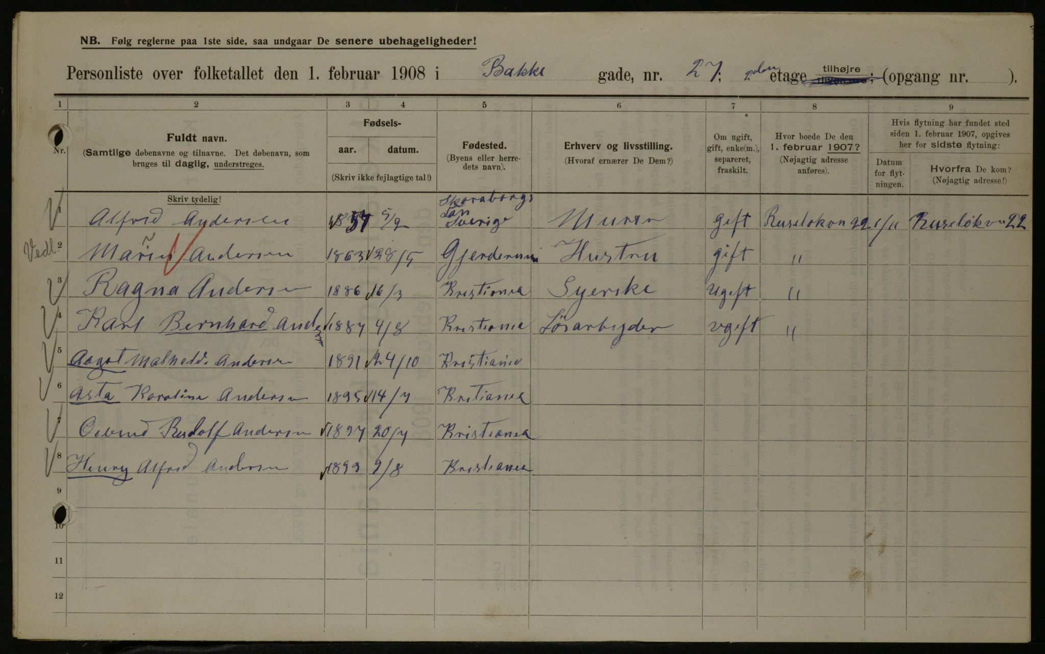 OBA, Municipal Census 1908 for Kristiania, 1908, p. 3056