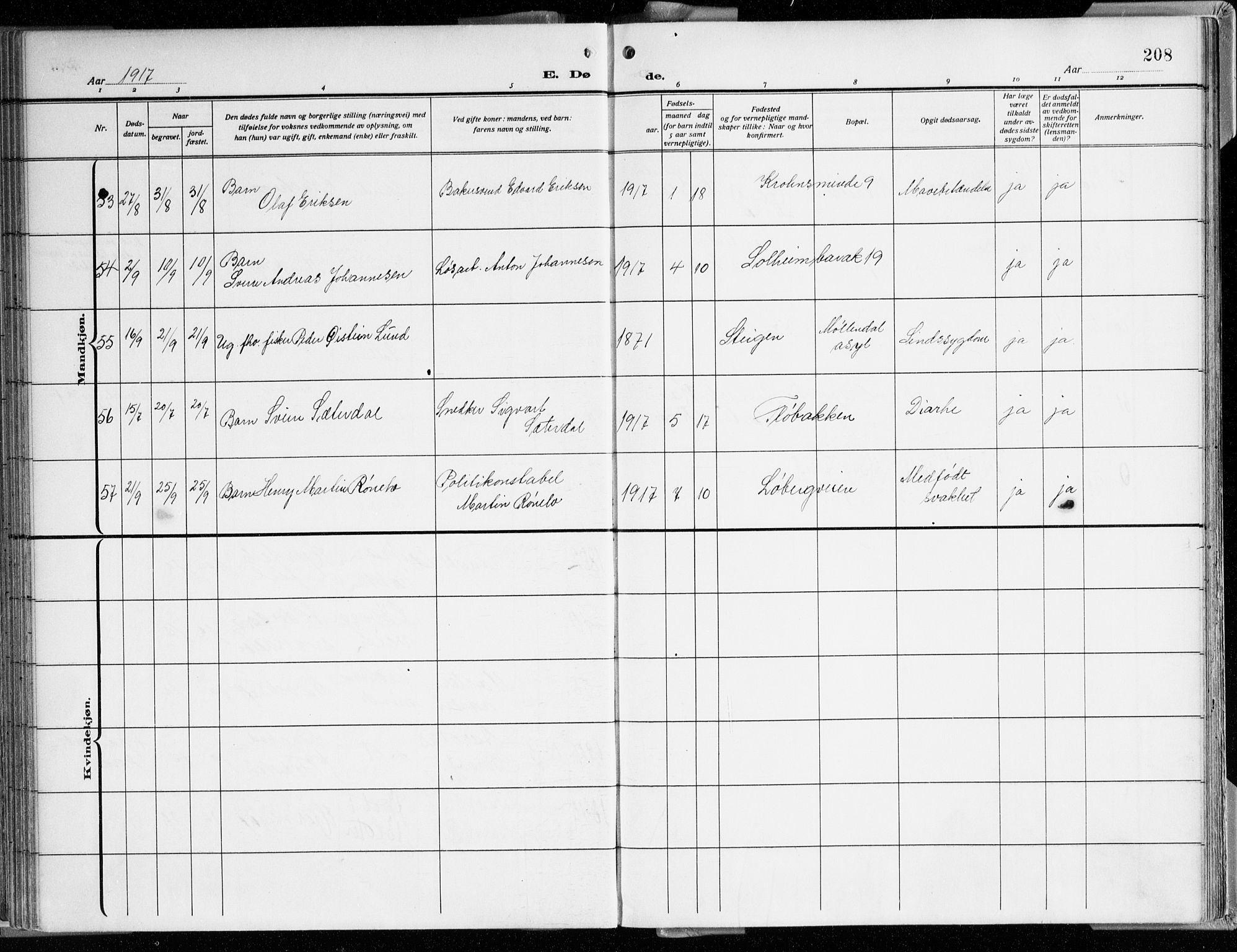 Årstad Sokneprestembete, AV/SAB-A-79301/H/Haa/L0003: Parish register (official) no. A 3, 1914-1919, p. 208