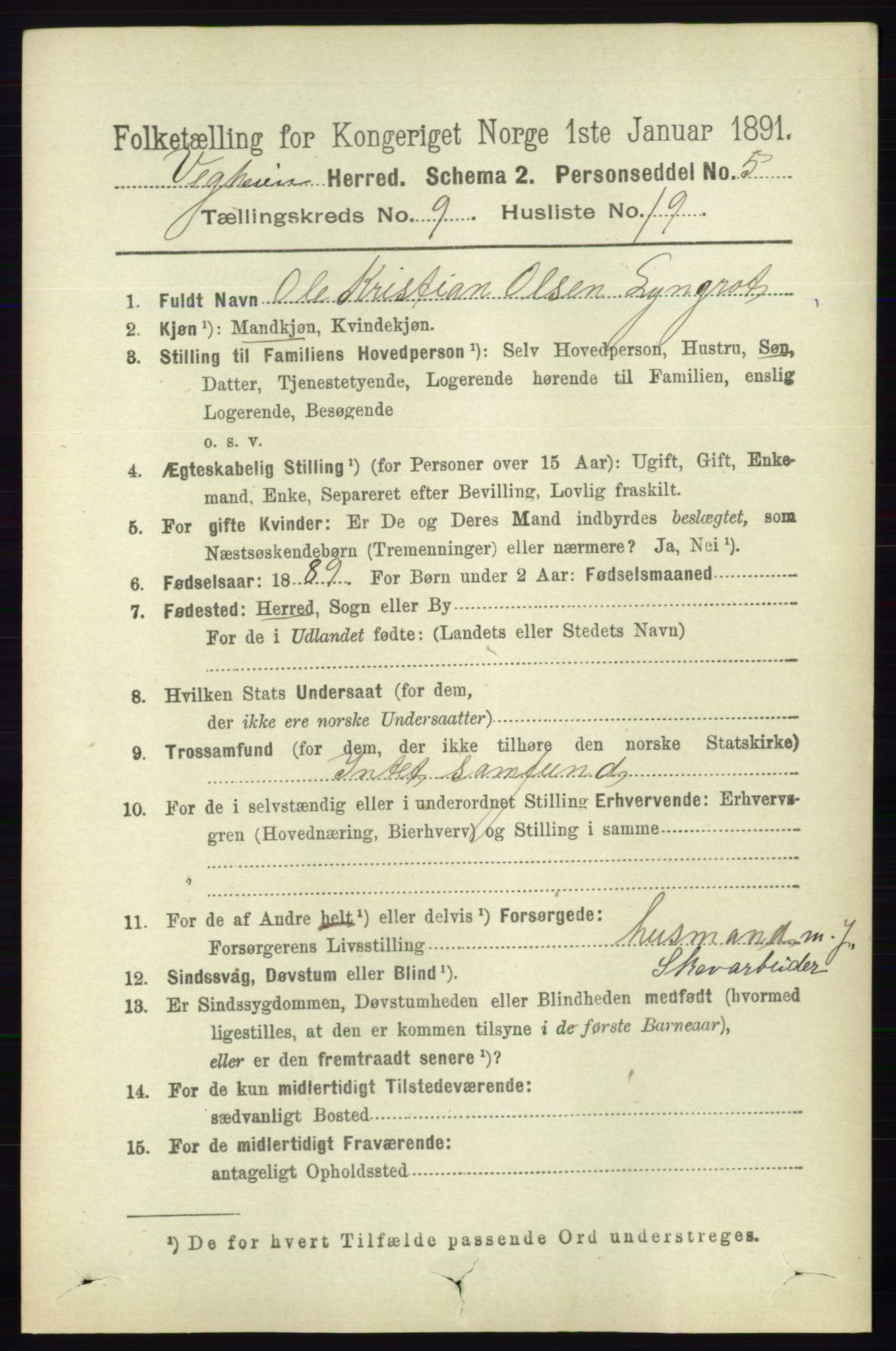 RA, 1891 census for 0912 Vegårshei, 1891, p. 1867