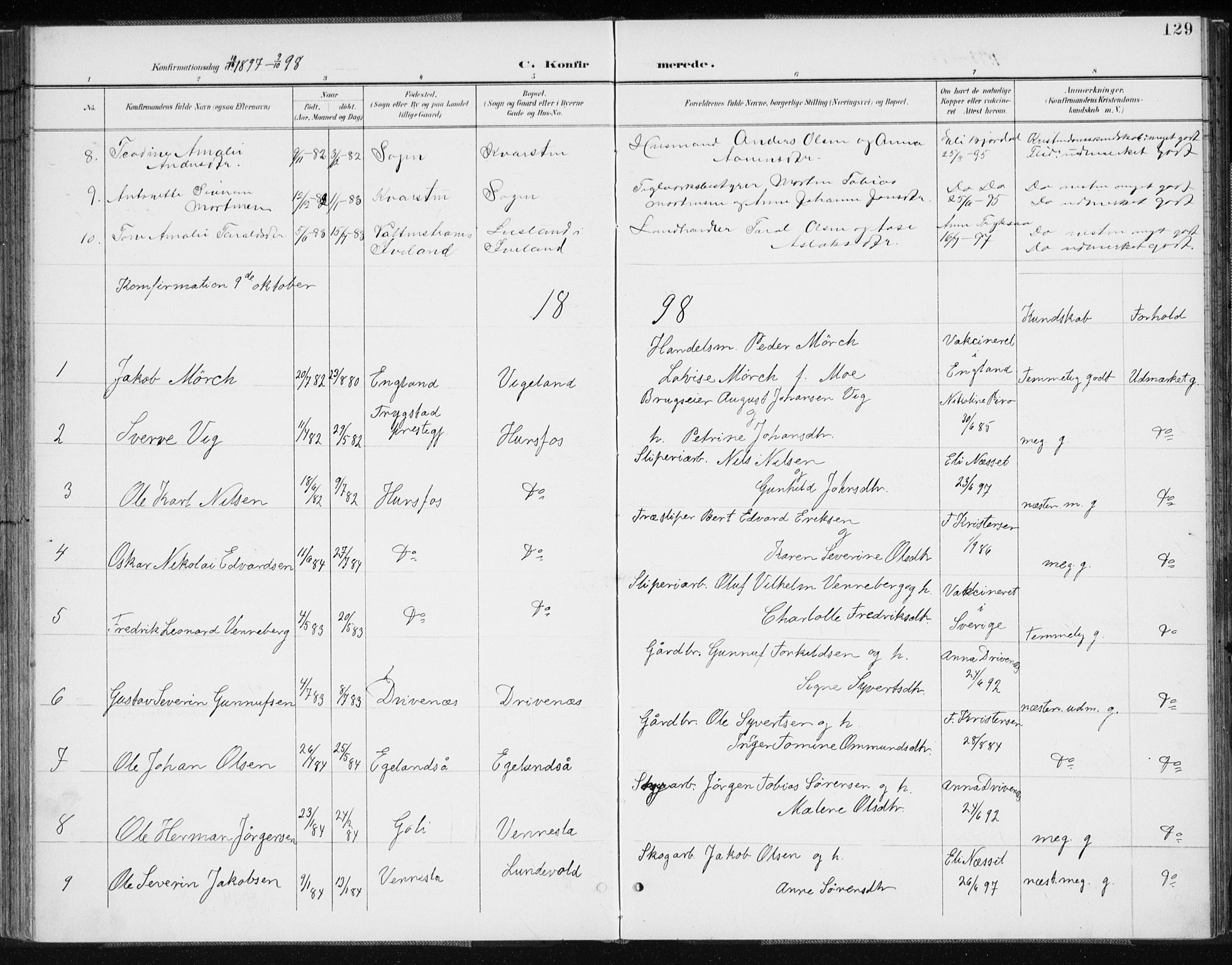 Vennesla sokneprestkontor, AV/SAK-1111-0045/Fa/Fab/L0005: Parish register (official) no. A 5, 1897-1909, p. 129