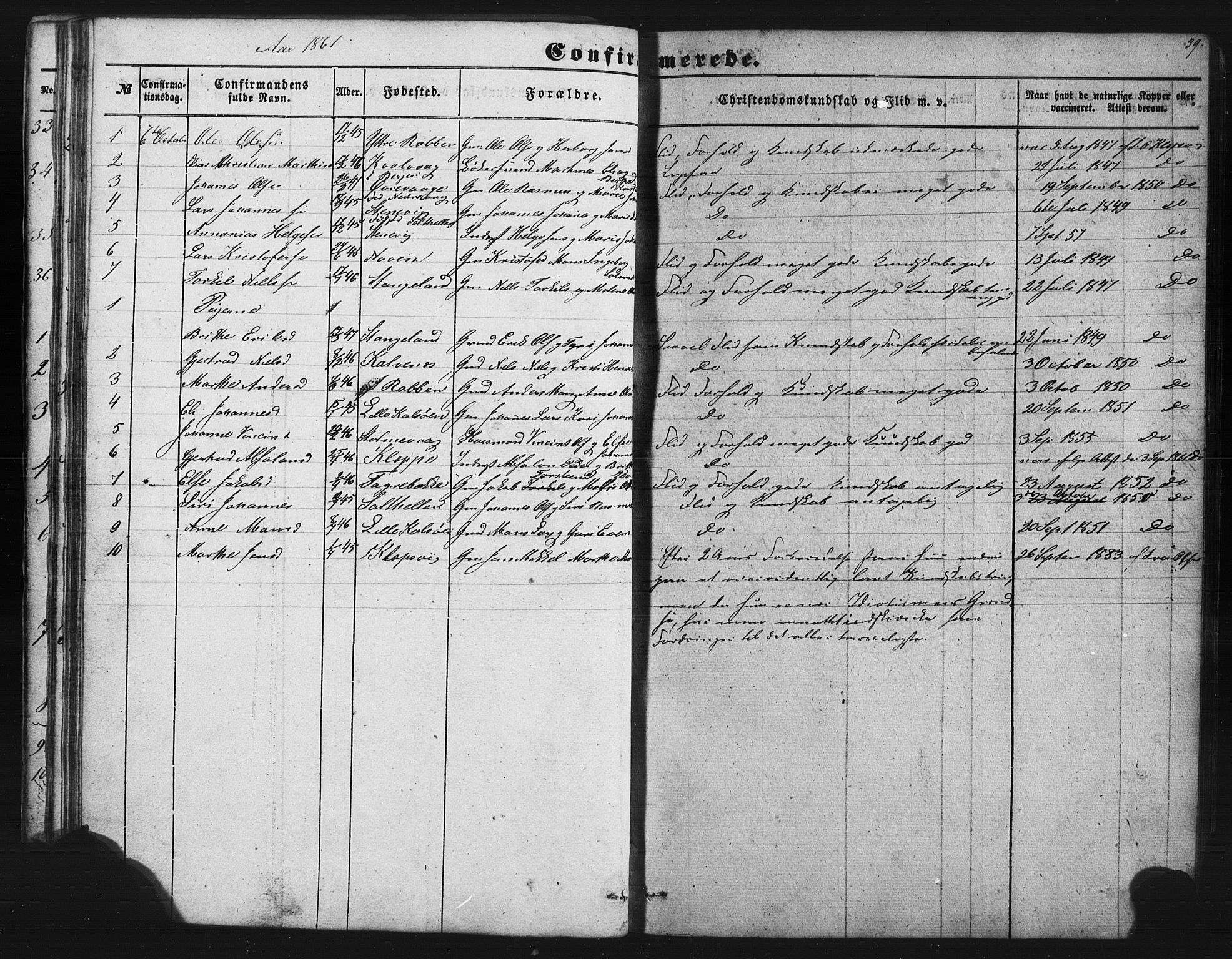 Austevoll Sokneprestembete, SAB/A-74201/H/Hab: Parish register (copy) no. B 1, 1852-1864, p. 39