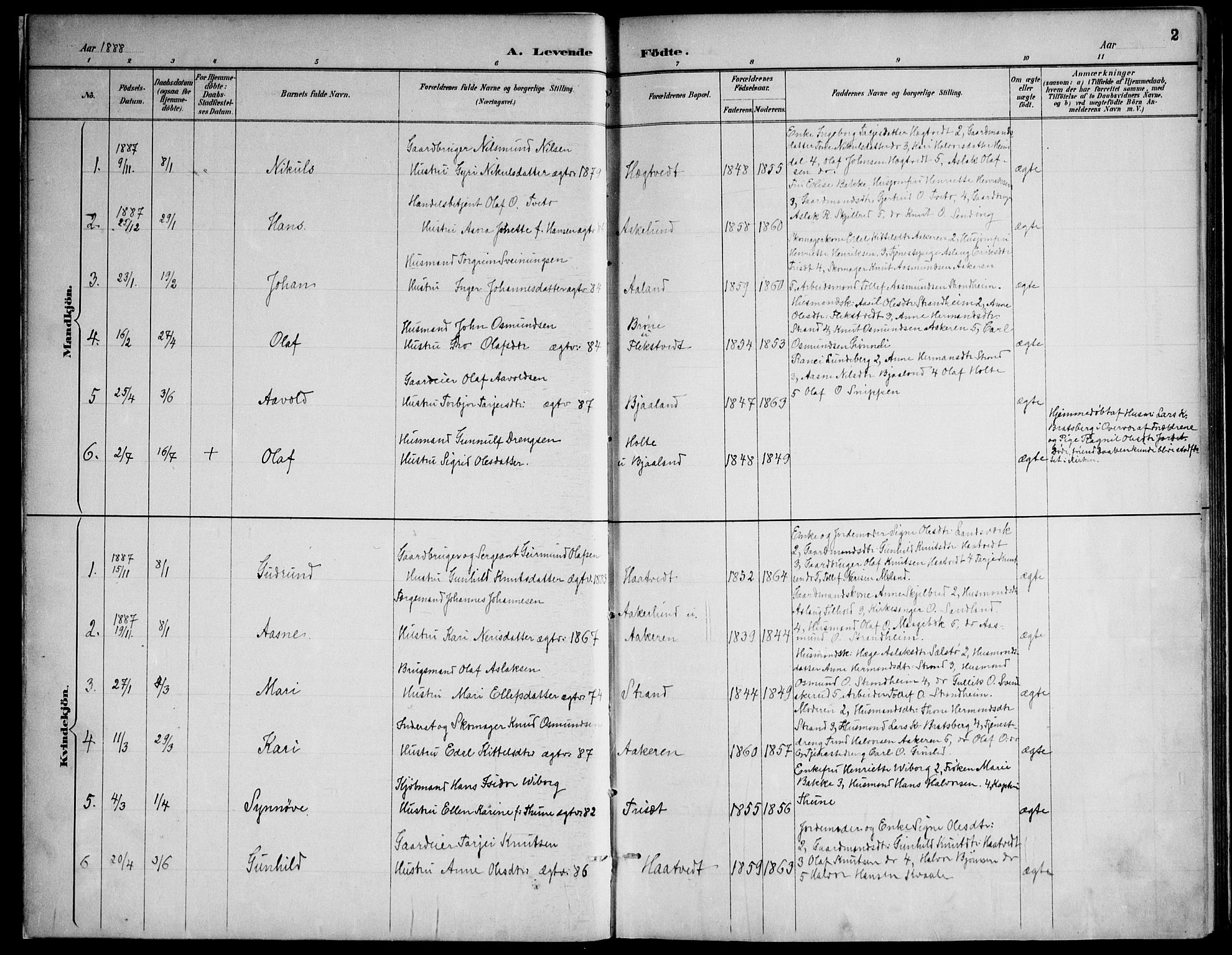 Lårdal kirkebøker, AV/SAKO-A-284/F/Fa/L0007: Parish register (official) no. I 7, 1887-1906, p. 2