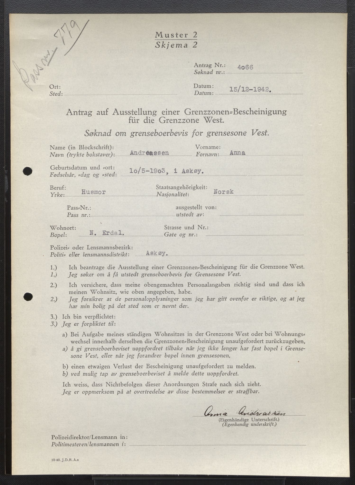 Lensmannen i Askøy, AV/SAB-A-31001/0026/L0012: Søknader om grensebuarbevis 3826 - 4350, 1942-1943, p. 295