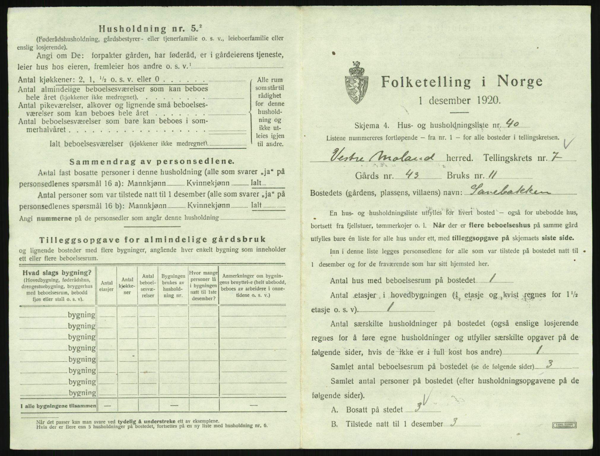 SAK, 1920 census for Vestre Moland, 1920, p. 945