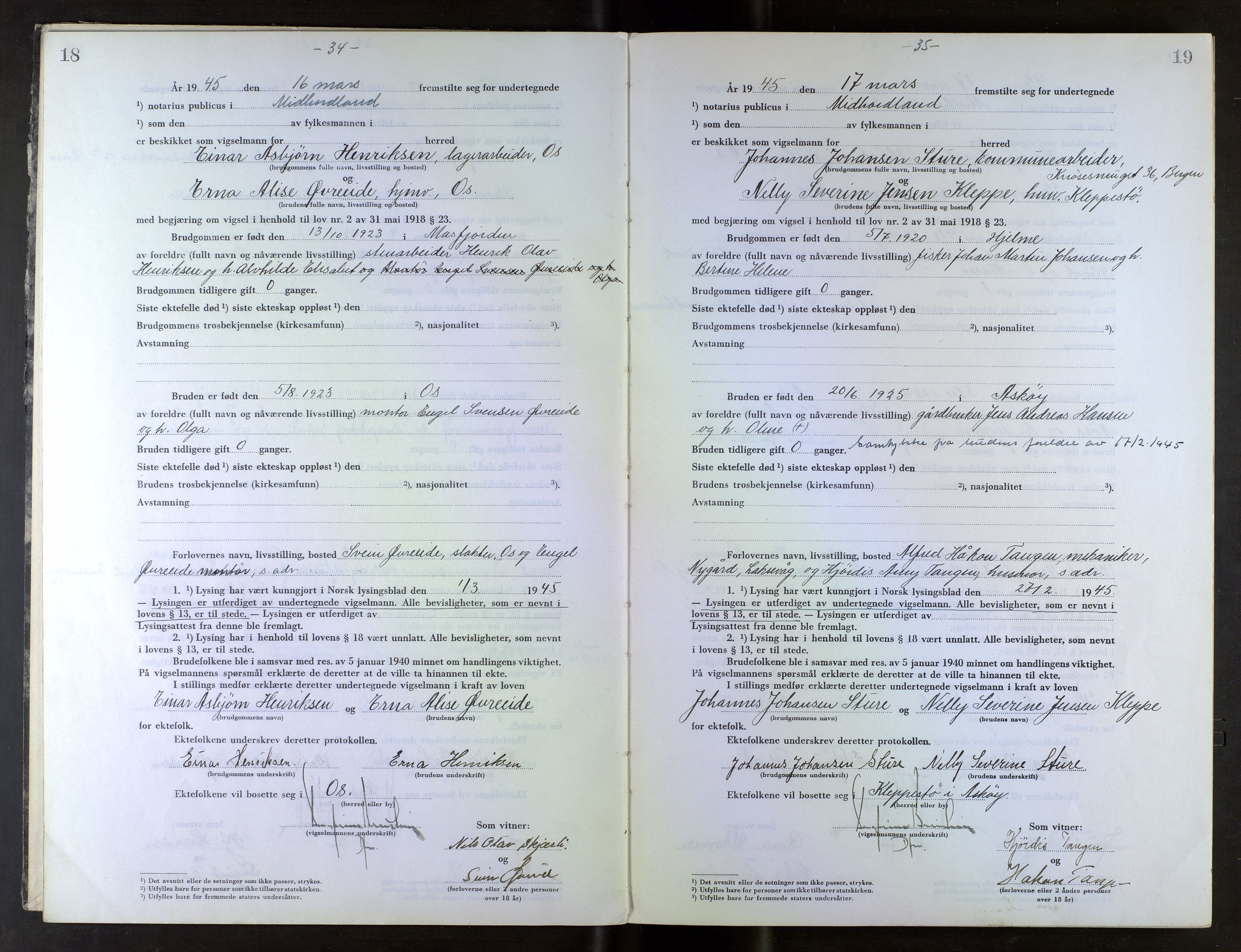 Midhordland sorenskriveri, AV/SAB-A-3001/1/M/Mc/Mca/L0007: Notarialbilag. Vigselbøker, 1945-1948, p. 18-19