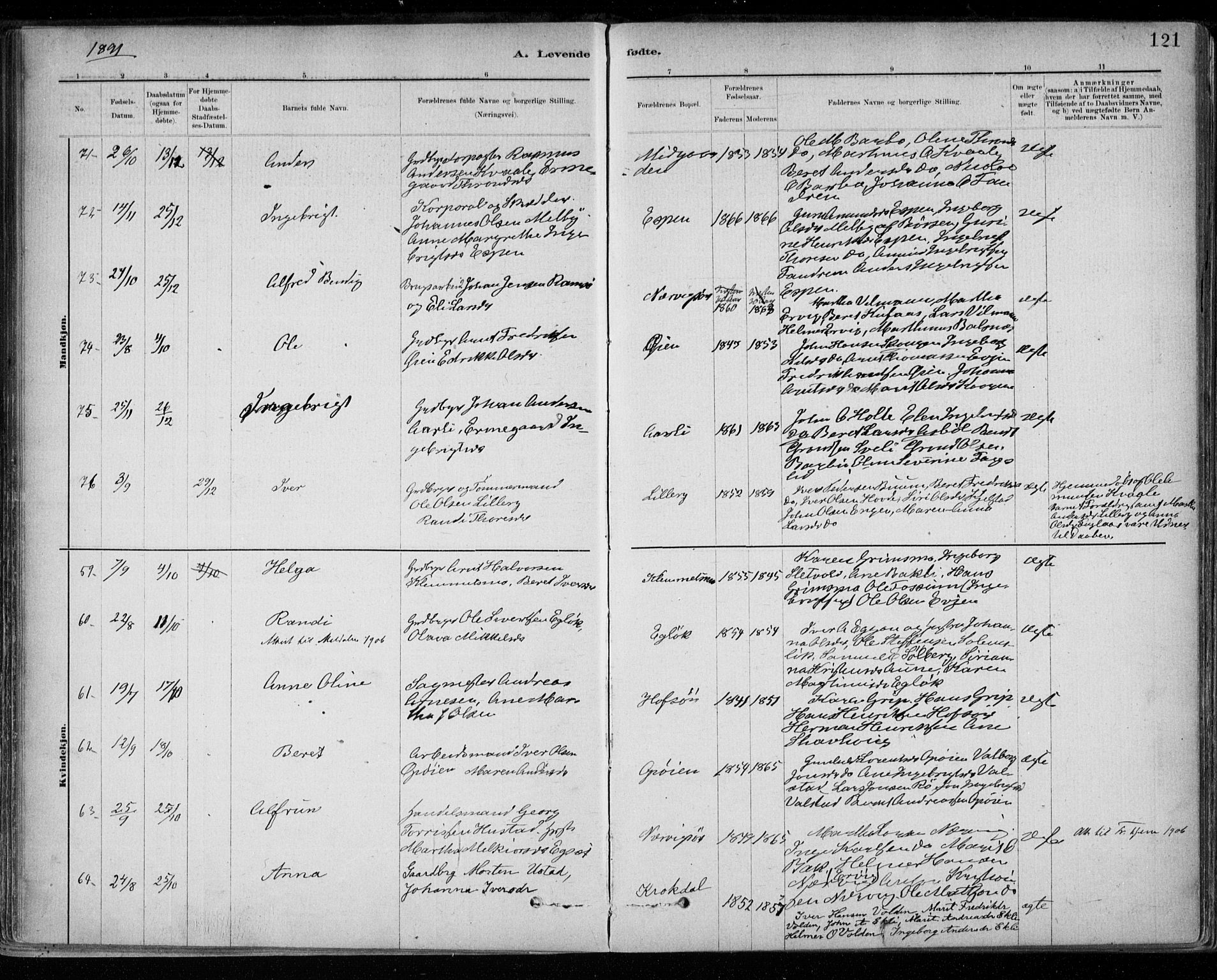 Ministerialprotokoller, klokkerbøker og fødselsregistre - Sør-Trøndelag, SAT/A-1456/668/L0809: Parish register (official) no. 668A09, 1881-1895, p. 121