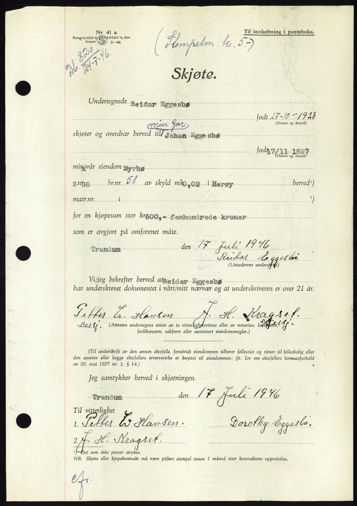 Søre Sunnmøre sorenskriveri, AV/SAT-A-4122/1/2/2C/L0078: Mortgage book no. 4A, 1946-1946, Diary no: : 820/1946