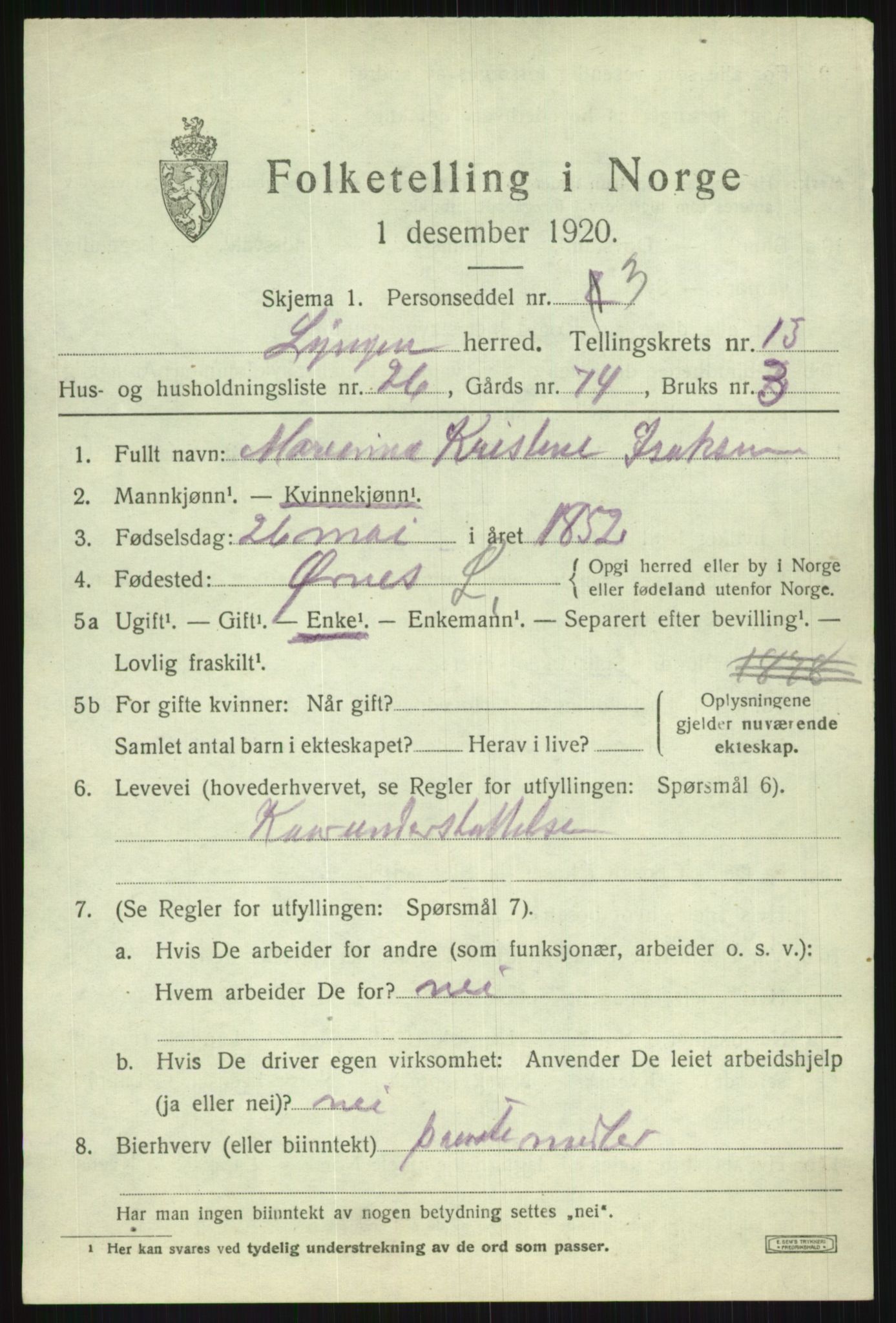 SATØ, 1920 census for Lyngen, 1920, p. 10405