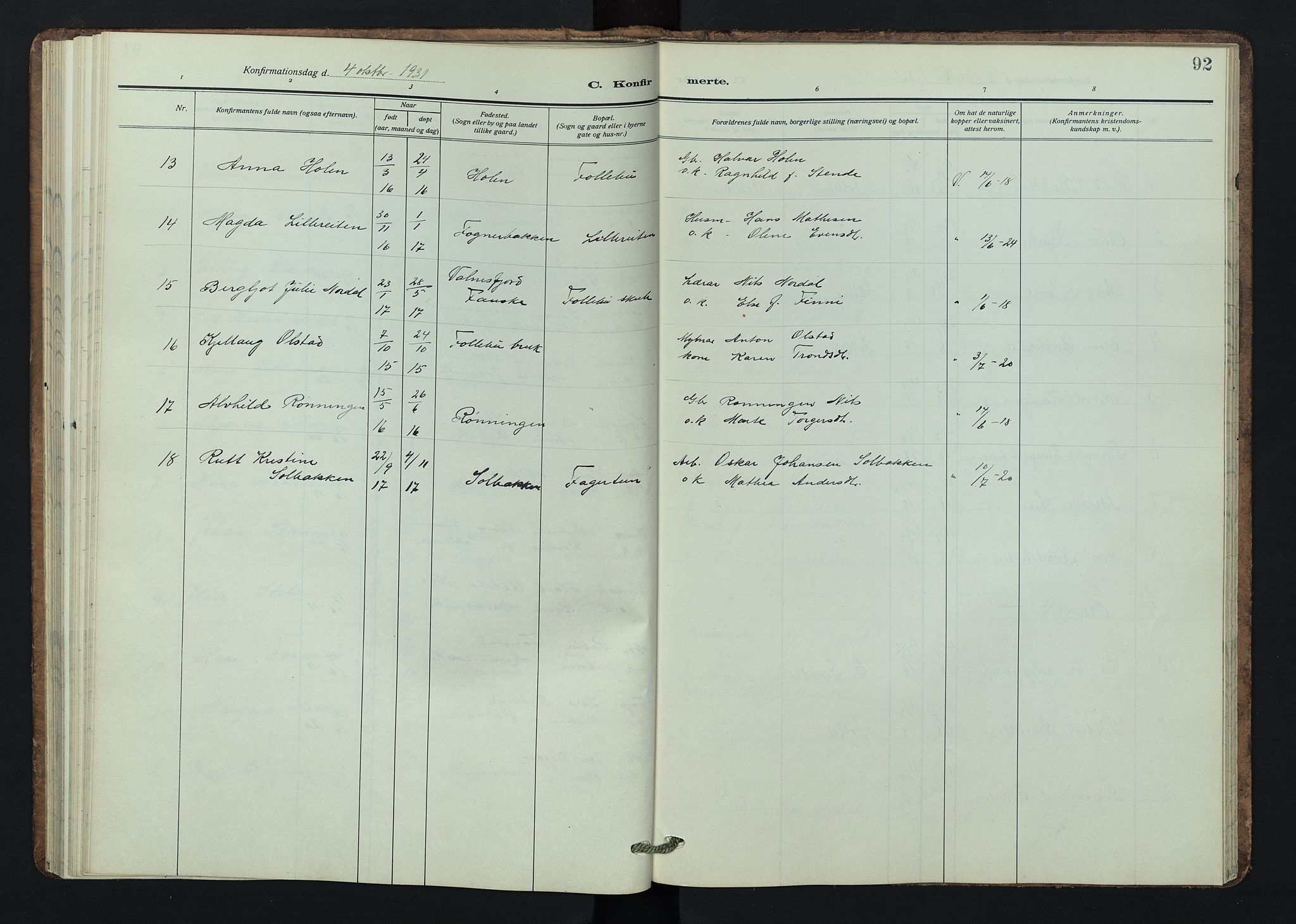 Østre Gausdal prestekontor, SAH/PREST-092/H/Ha/Hab/L0005: Parish register (copy) no. 5, 1915-1944, p. 92