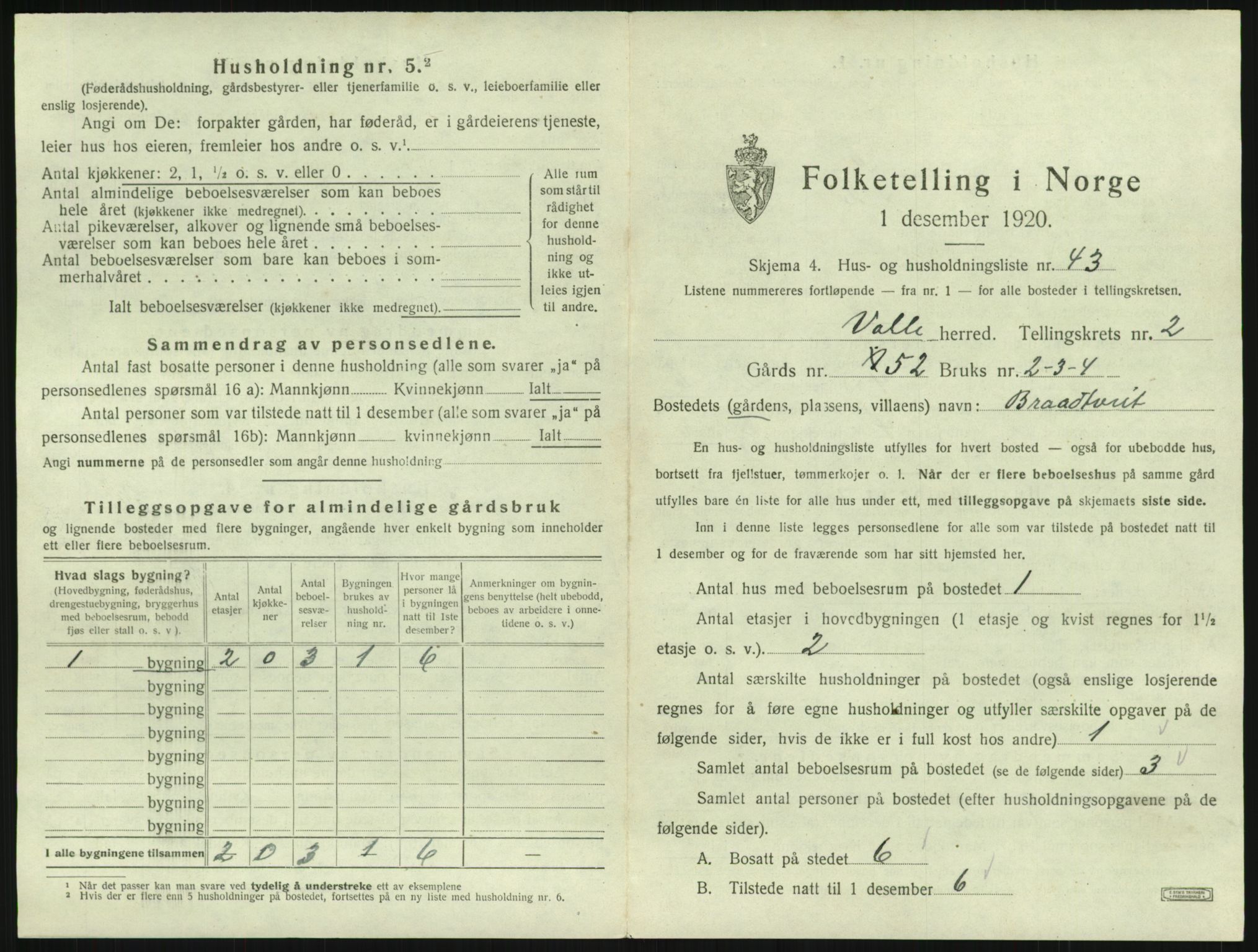 SAK, 1920 census for Valle, 1920, p. 201