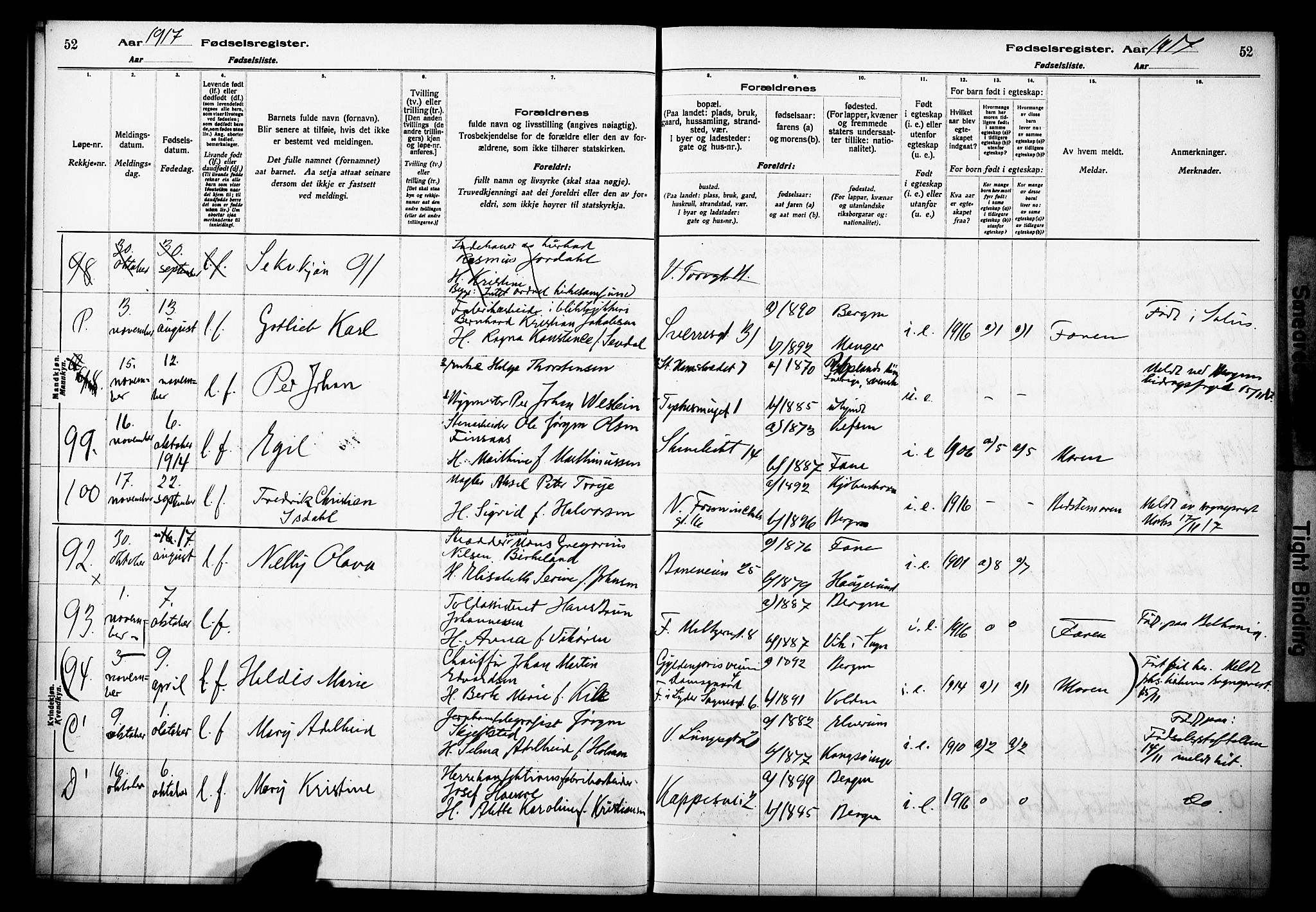 Domkirken sokneprestembete, AV/SAB-A-74801/I/Id/L00A1: Birth register no. A 1, 1916-1923, p. 52