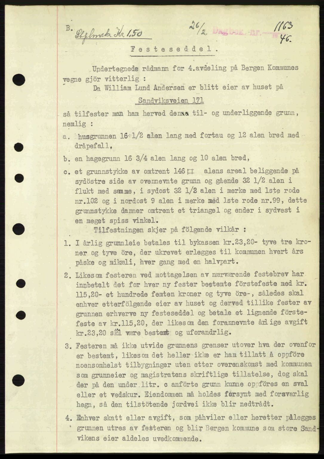 Byfogd og Byskriver i Bergen, SAB/A-3401/03/03Bc/L0022: Mortgage book no. A18, 1946-1946, Diary no: : 1163/1946