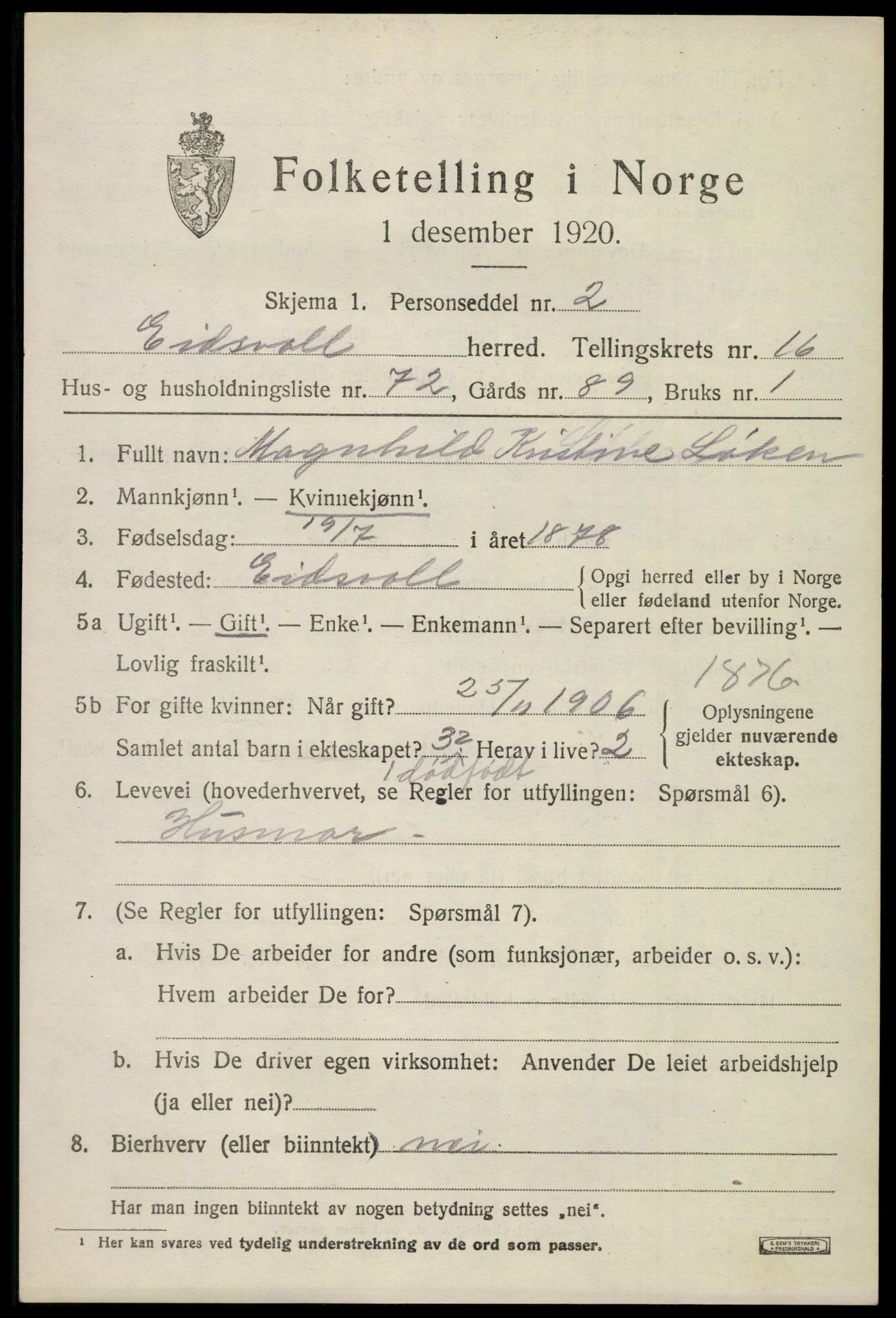 SAO, 1920 census for Eidsvoll, 1920, p. 23367