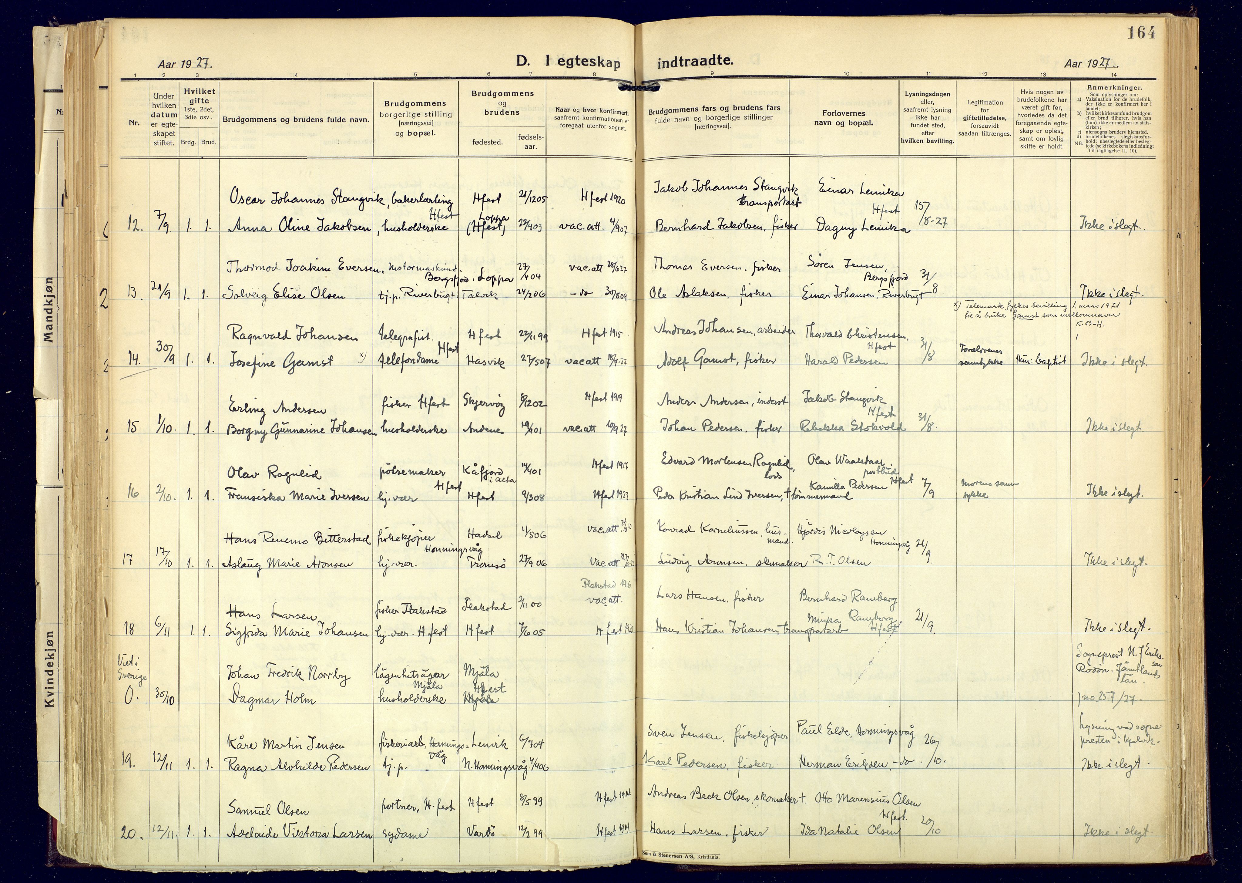 Hammerfest sokneprestkontor, AV/SATØ-S-1347/H/Ha/L0017.kirke: Parish register (official) no. 17, 1923-1933, p. 164
