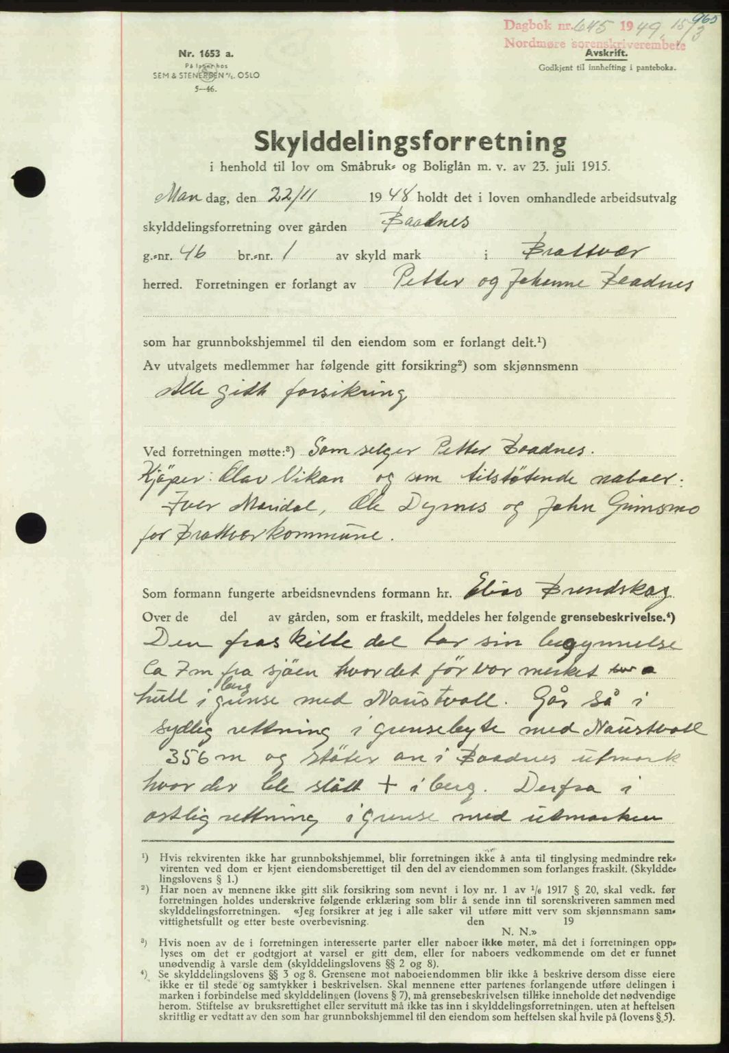 Nordmøre sorenskriveri, AV/SAT-A-4132/1/2/2Ca: Mortgage book no. A110, 1948-1949, Diary no: : 645/1949