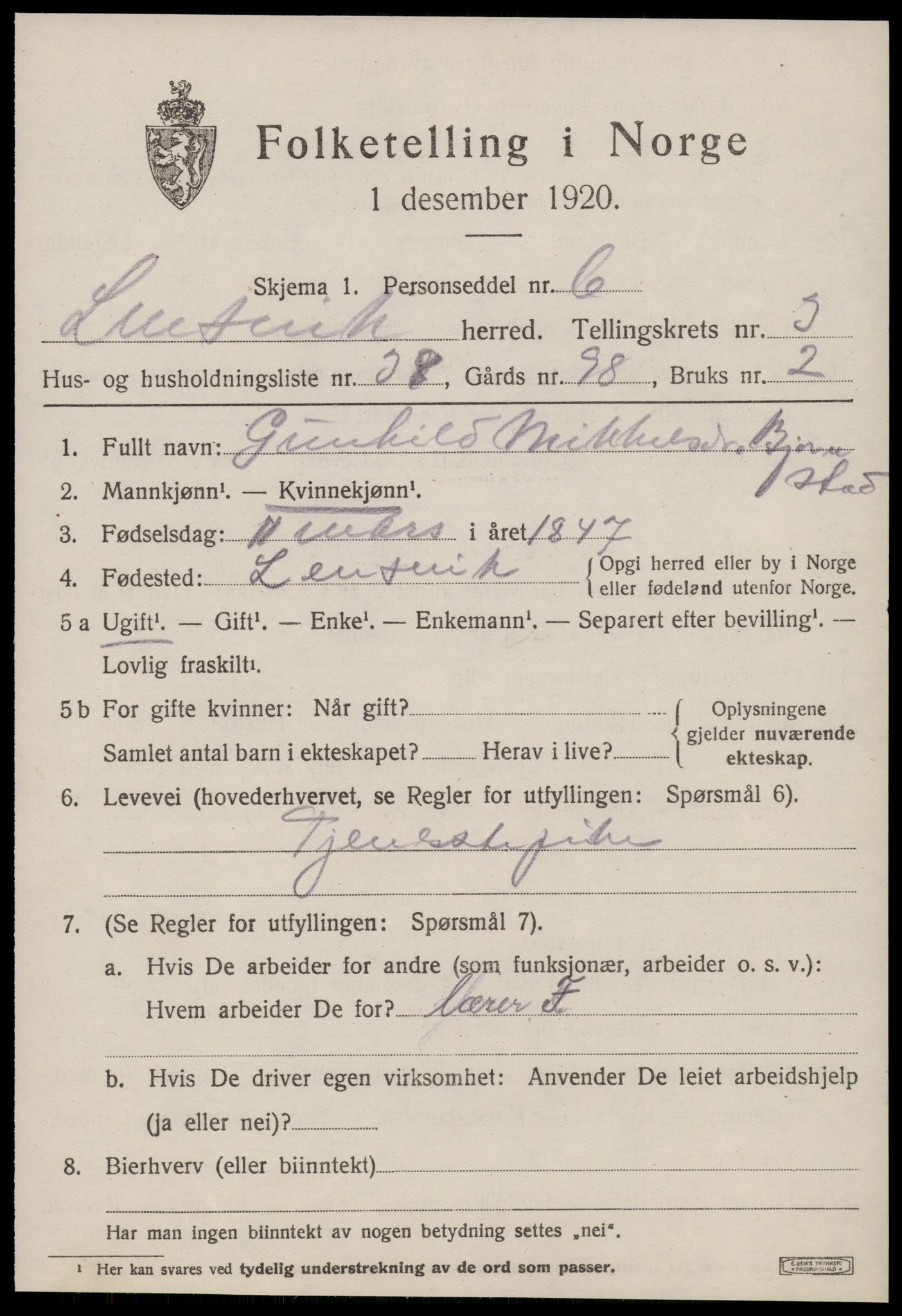 SAT, 1920 census for Lensvik, 1920, p. 2152