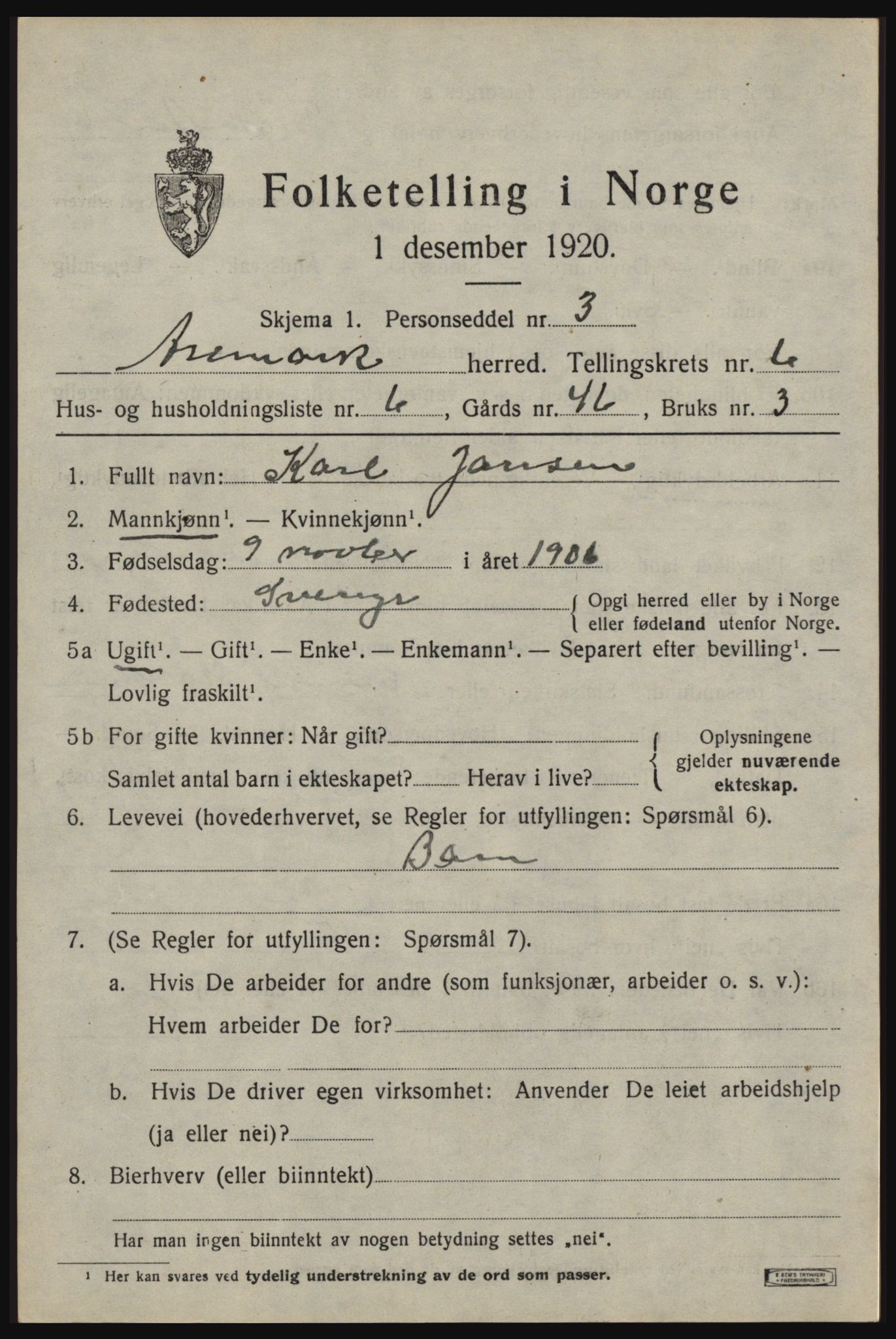 SAO, 1920 census for Aremark, 1920, p. 3777