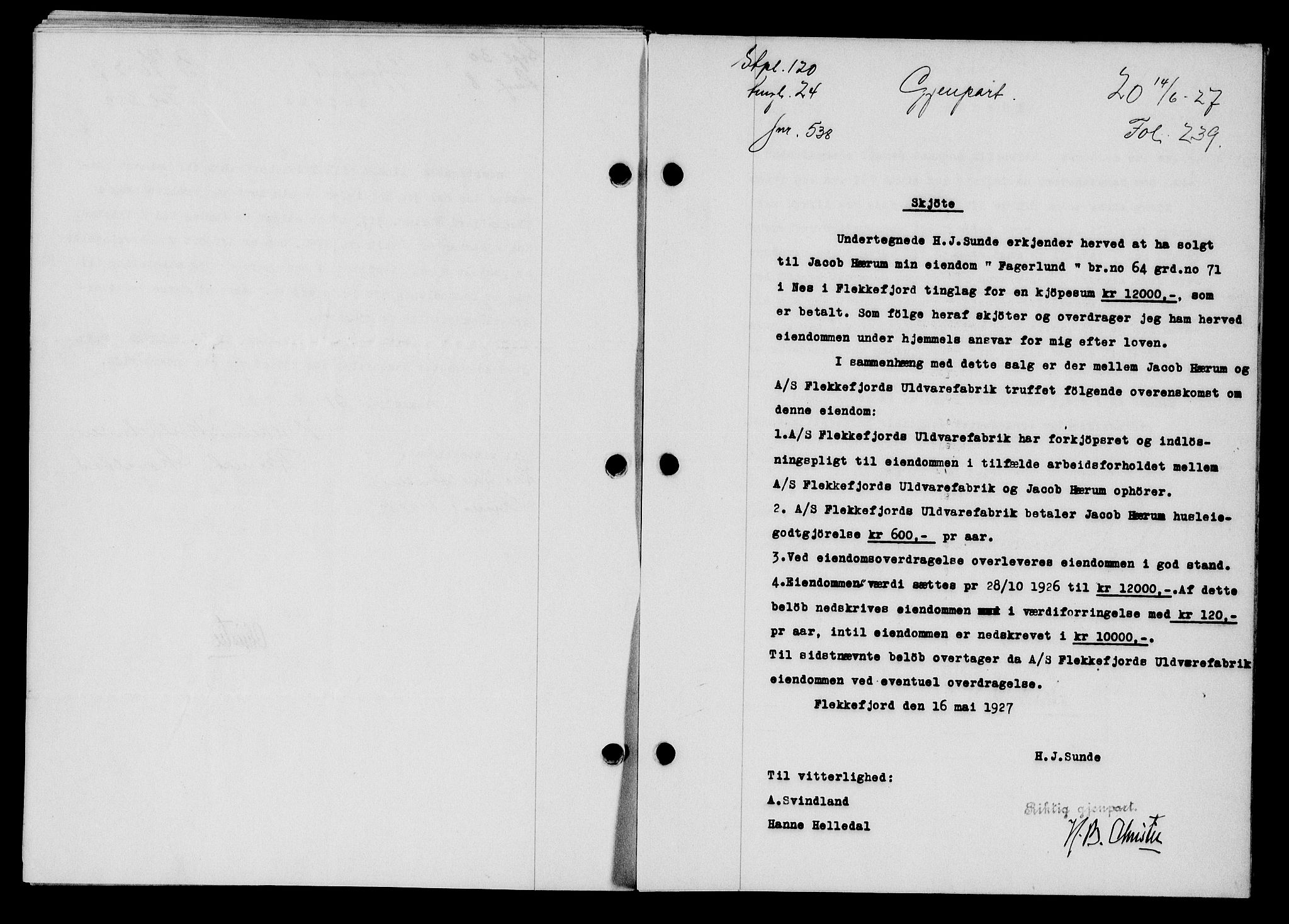Flekkefjord sorenskriveri, SAK/1221-0001/G/Gb/Gba/L0043: Mortgage book no. 41, 1926-1927, Deed date: 14.06.1927