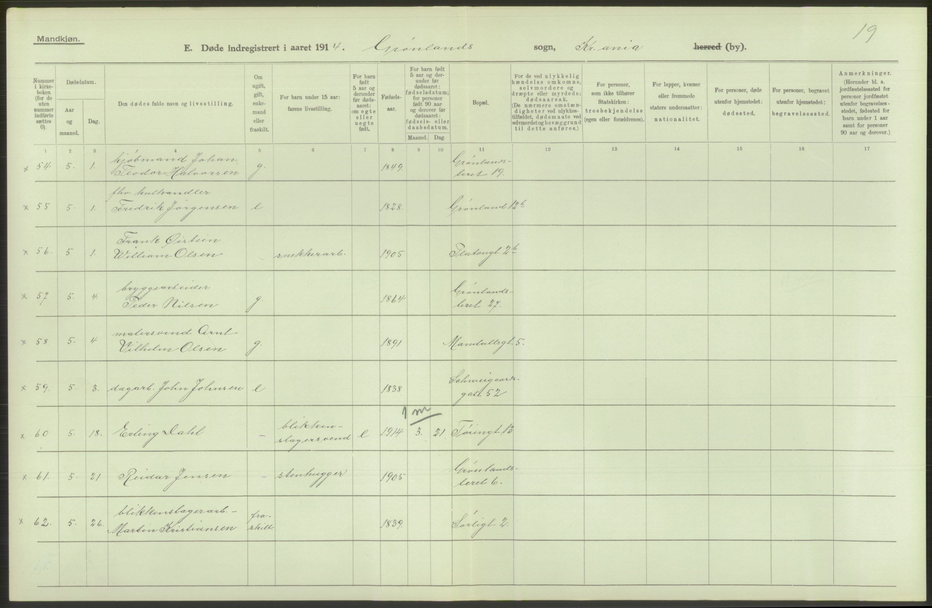 Statistisk sentralbyrå, Sosiodemografiske emner, Befolkning, AV/RA-S-2228/D/Df/Dfb/Dfbd/L0008: Kristiania: Døde, 1914, p. 502