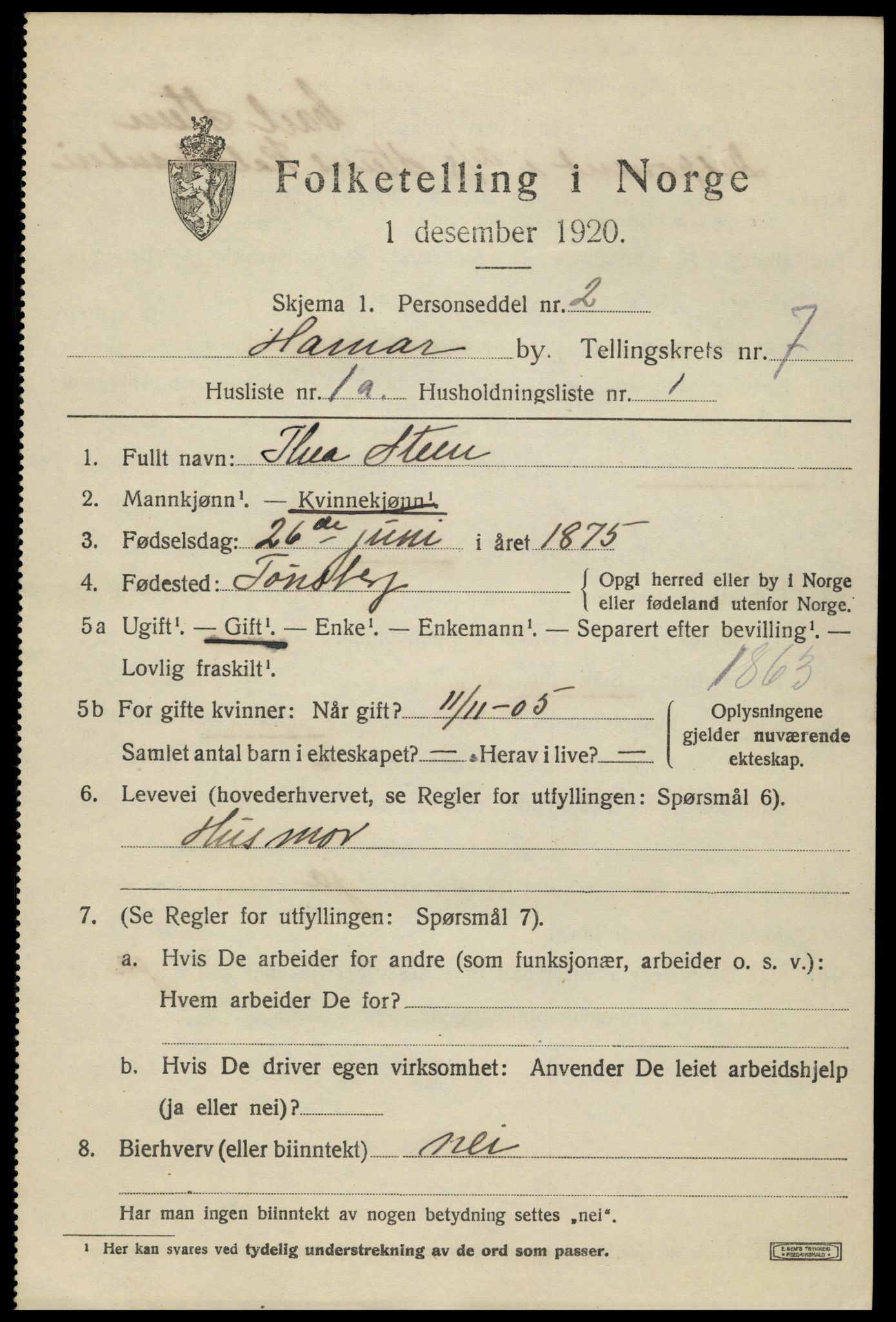 SAH, 1920 census for Hamar, 1920, p. 12701