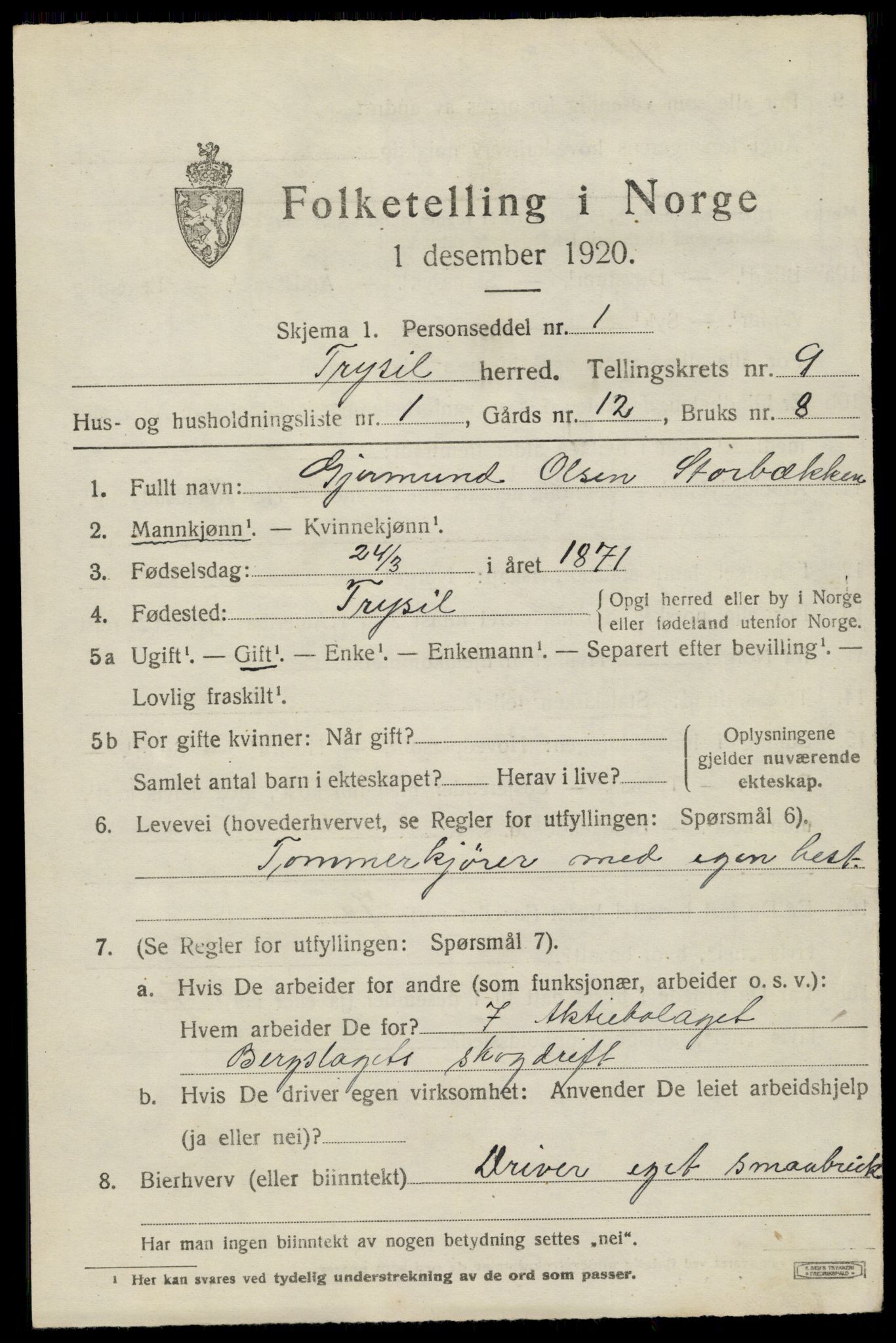 SAH, 1920 census for Trysil, 1920, p. 6555