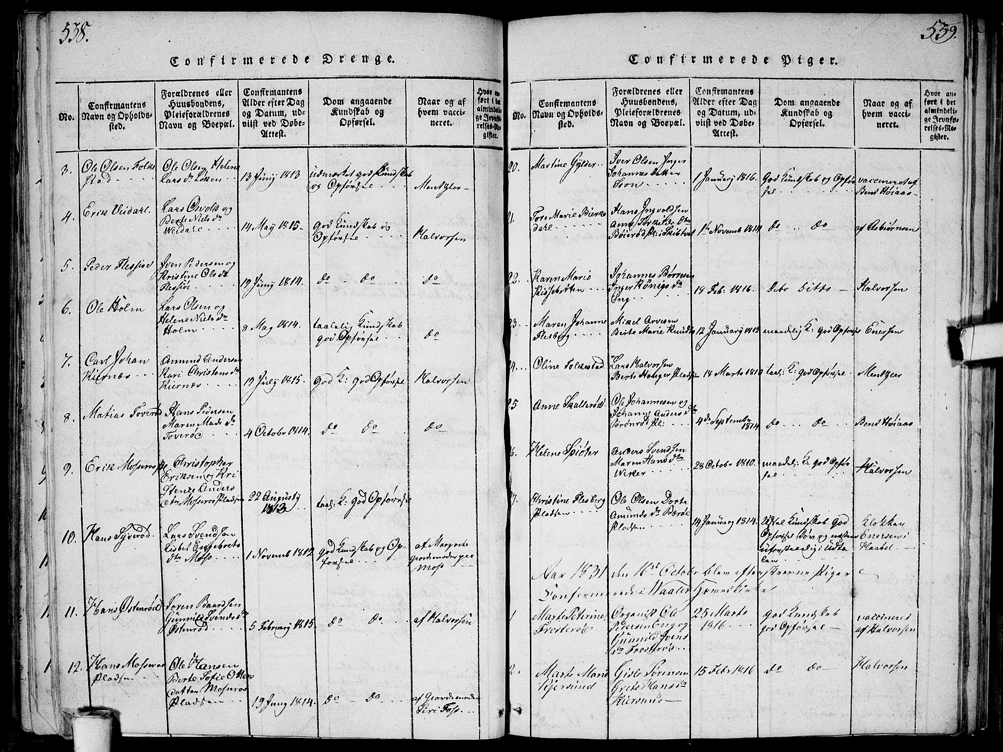 Våler prestekontor Kirkebøker, SAO/A-11083/G/Ga/L0001: Parish register (copy) no. I 1, 1815-1839, p. 538-539