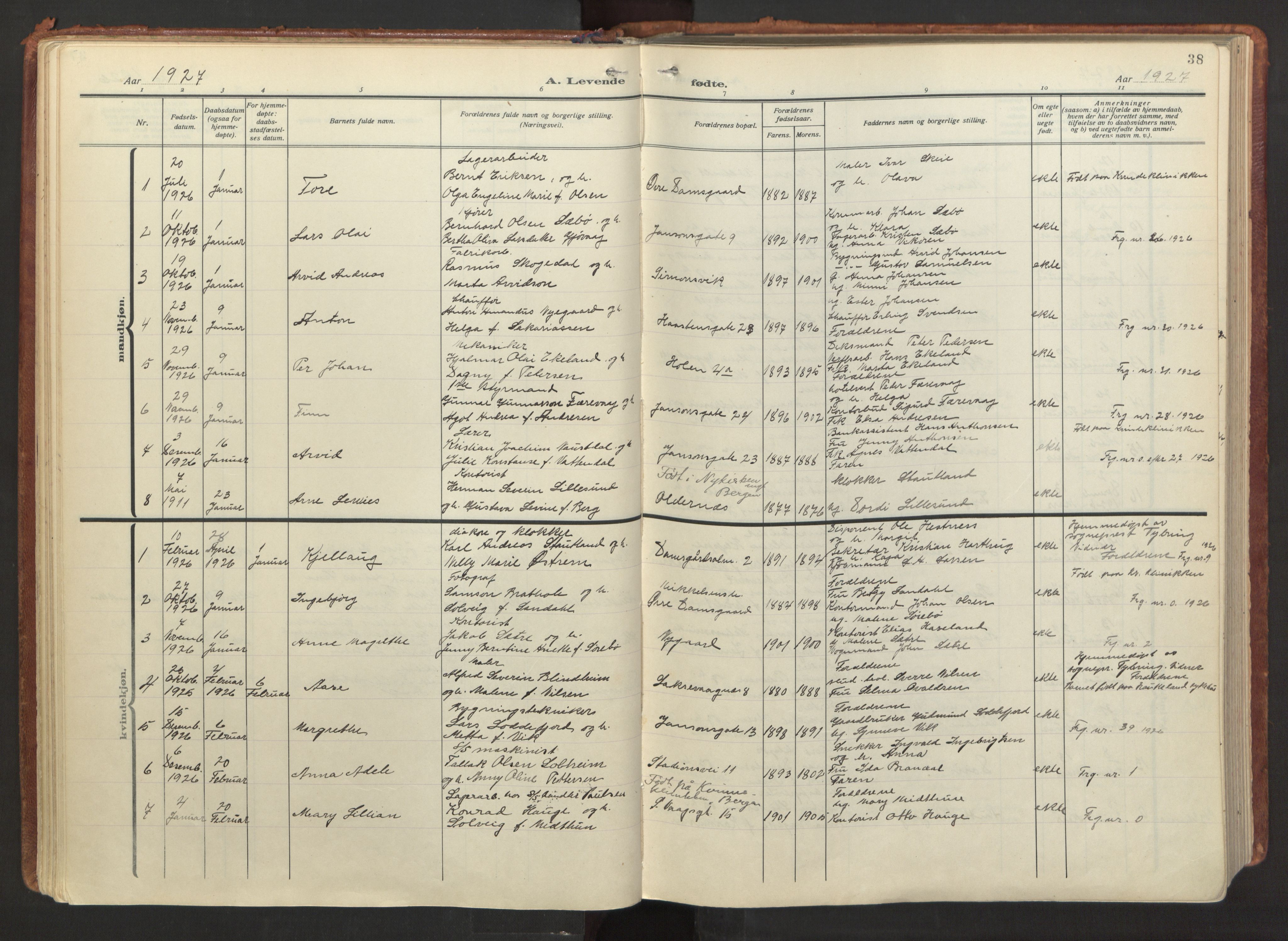 Laksevåg Sokneprestembete, AV/SAB-A-76501/H/Ha/Haa/Haab/L0001: Parish register (official) no. B 1, 1923-1945, p. 38