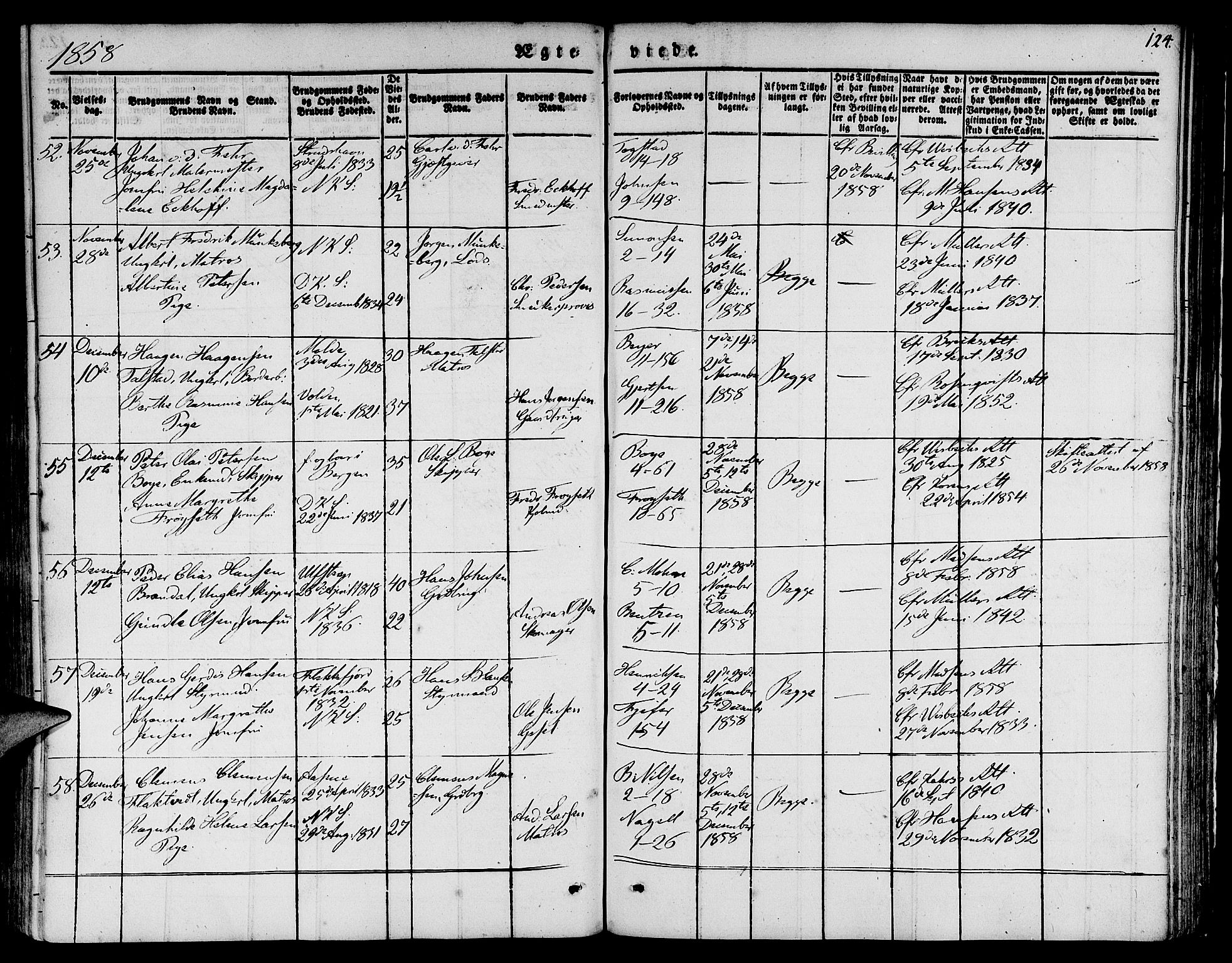 Nykirken Sokneprestembete, AV/SAB-A-77101/H/Hab: Parish register (copy) no. D 1, 1832-1867, p. 124