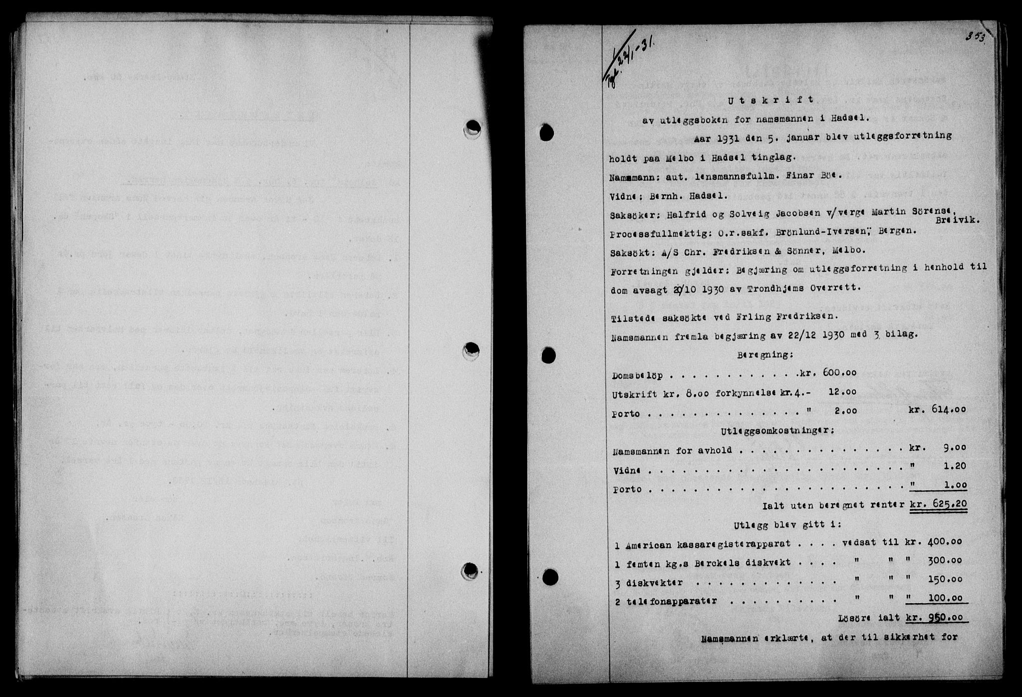 Vesterålen sorenskriveri, AV/SAT-A-4180/1/2/2Ca/L0052: Mortgage book no. 45, 1930-1931, Deed date: 22.01.1931