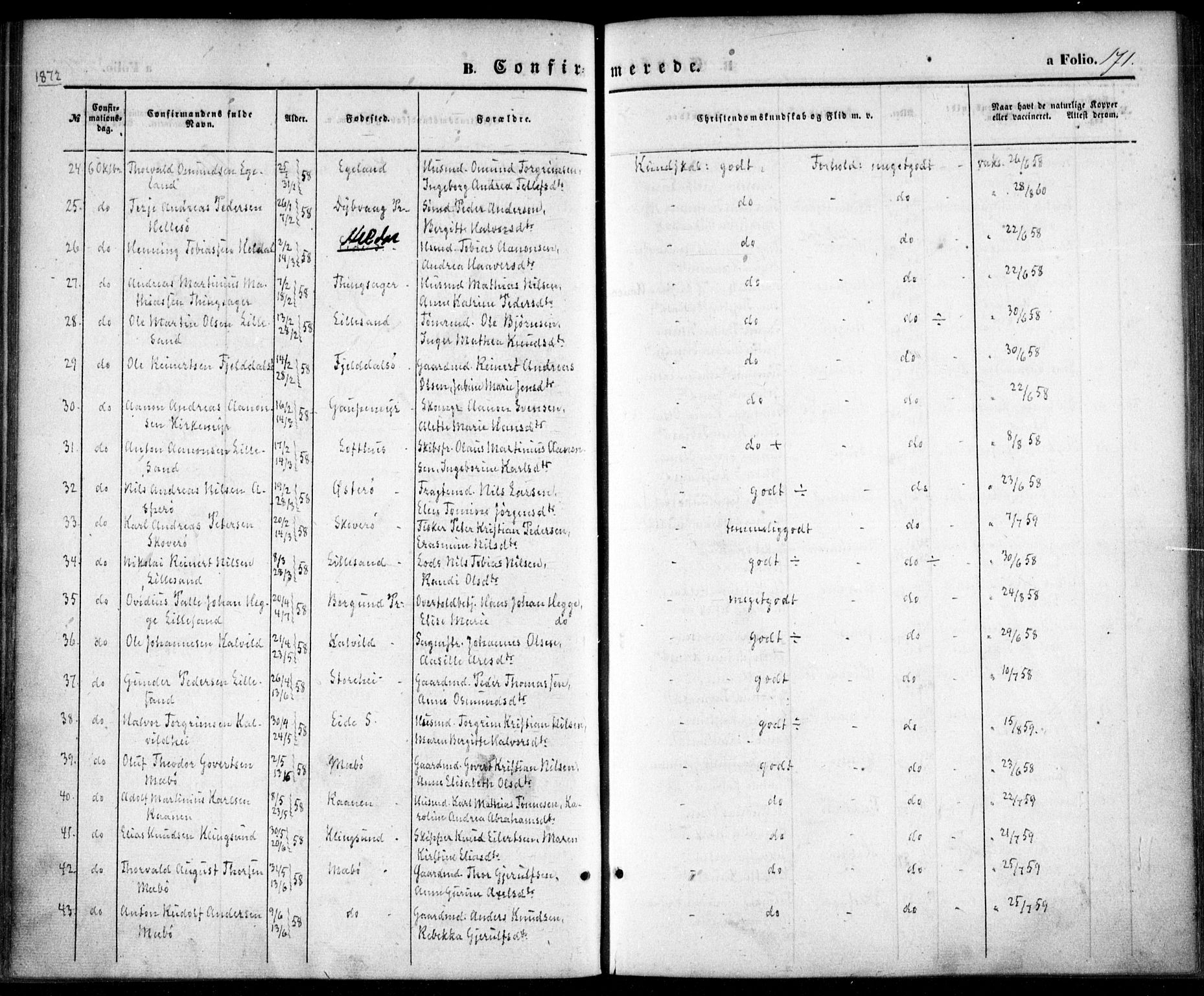 Vestre Moland sokneprestkontor, AV/SAK-1111-0046/F/Fa/Fab/L0007: Parish register (official) no. A 7, 1859-1872, p. 171