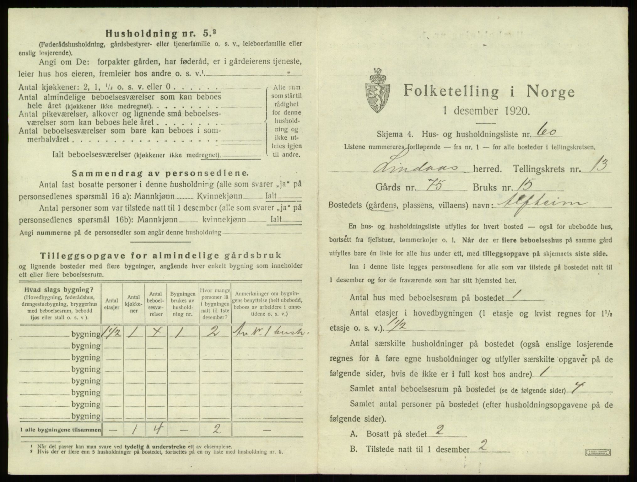 SAB, 1920 census for Lindås, 1920, p. 943