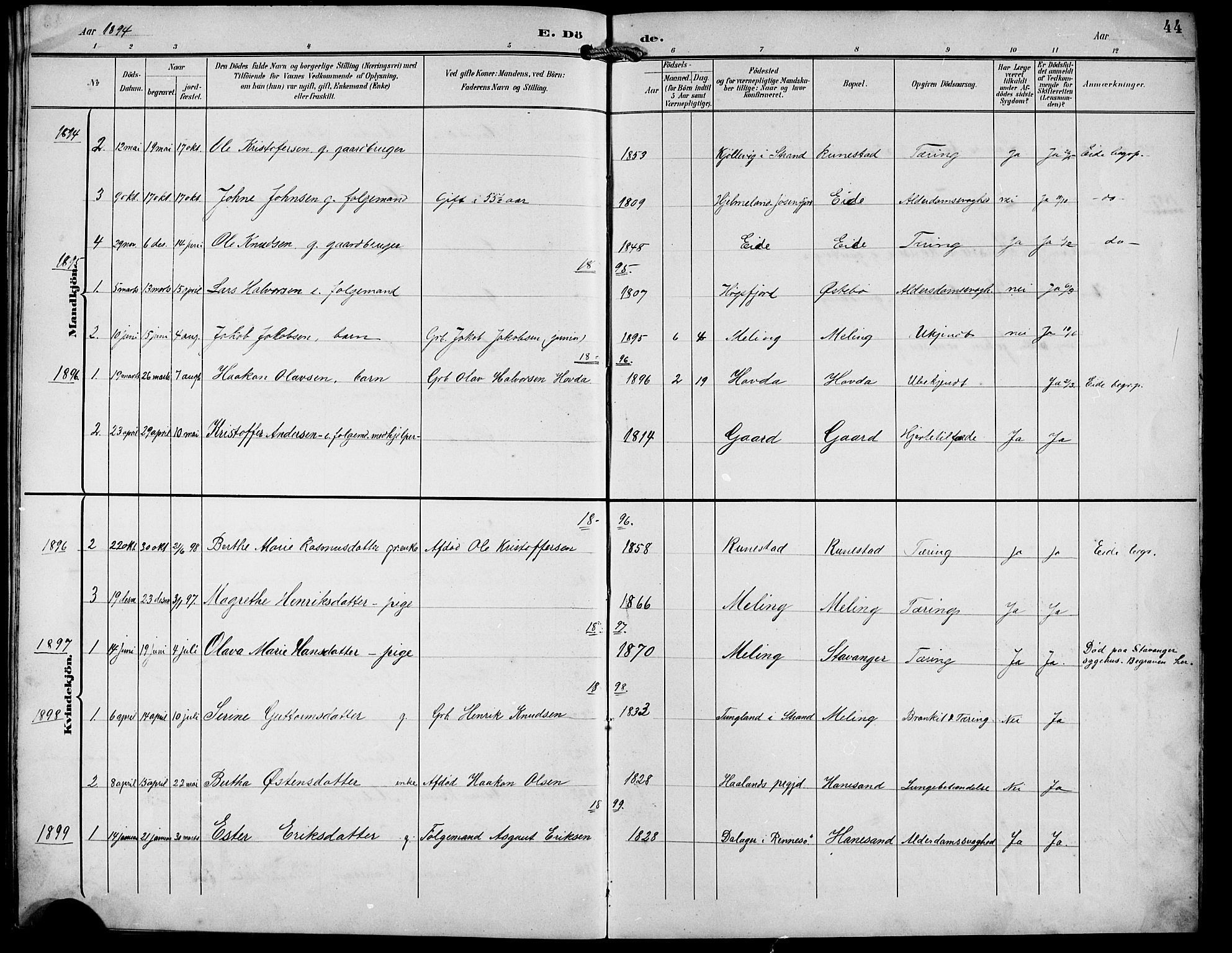 Finnøy sokneprestkontor, AV/SAST-A-101825/H/Ha/Hab/L0005: Parish register (copy) no. B 5, 1891-1916, p. 44