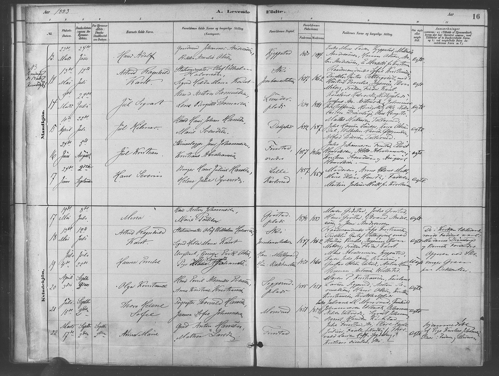 Kråkstad prestekontor Kirkebøker, AV/SAO-A-10125a/F/Fb/L0001: Parish register (official) no. II 1, 1880-1892, p. 16