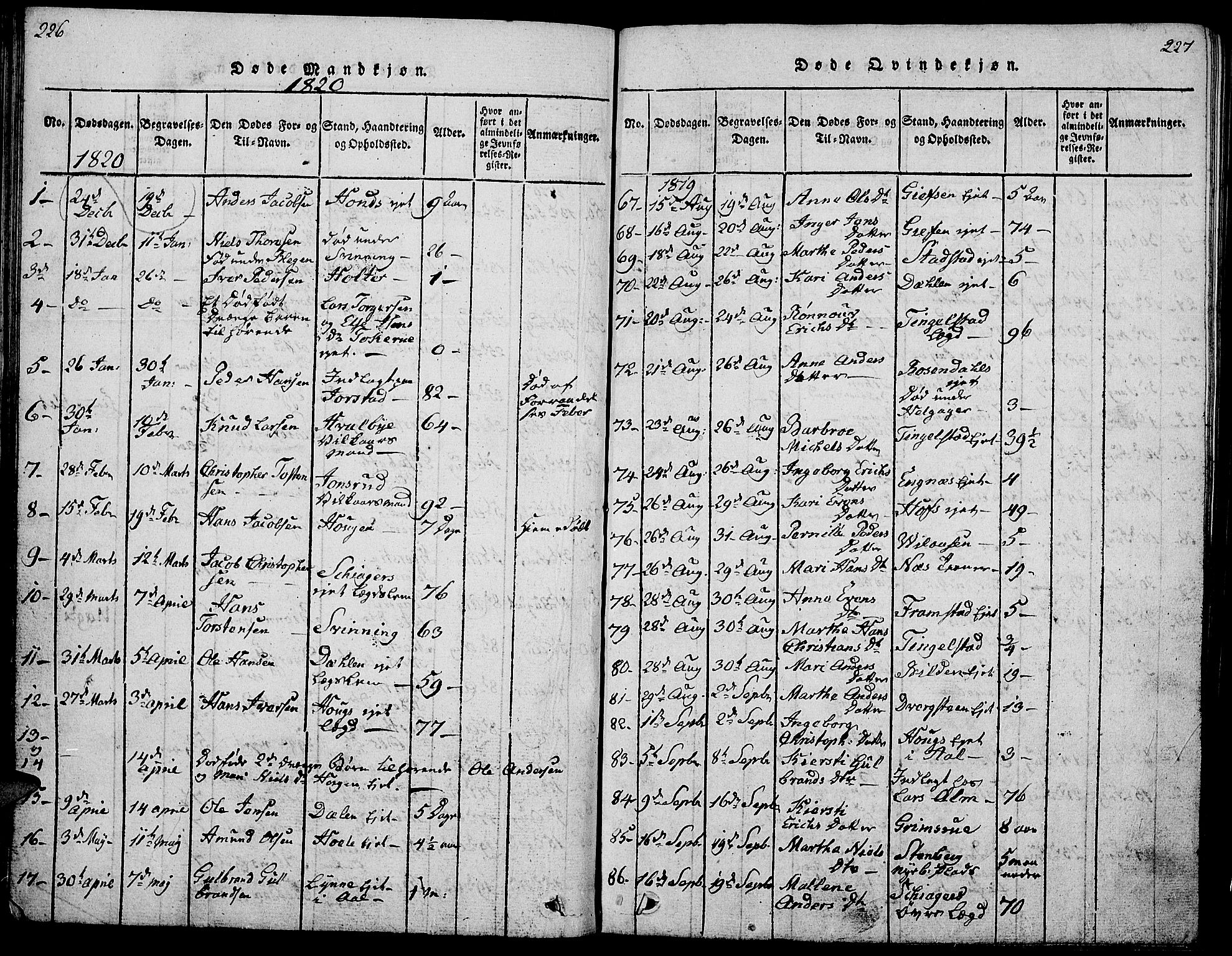 Gran prestekontor, SAH/PREST-112/H/Ha/Hab/L0001: Parish register (copy) no. 1, 1815-1824, p. 226-227