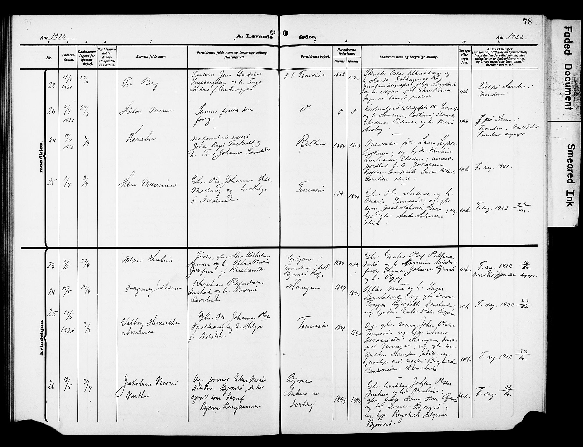 Kvæfjord sokneprestkontor, AV/SATØ-S-1323/G/Ga/Gab/L0006klokker: Parish register (copy) no. 6, 1912-1931, p. 78