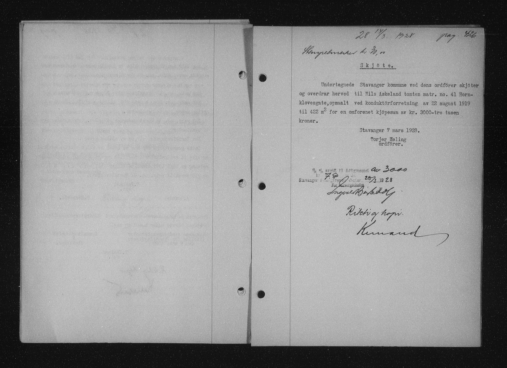 Stavanger byfogd, SAST/A-101408/001/4/41/410/410BB/L0053: Mortgage book no. 41, 1927-1928, Deed date: 14.03.1928