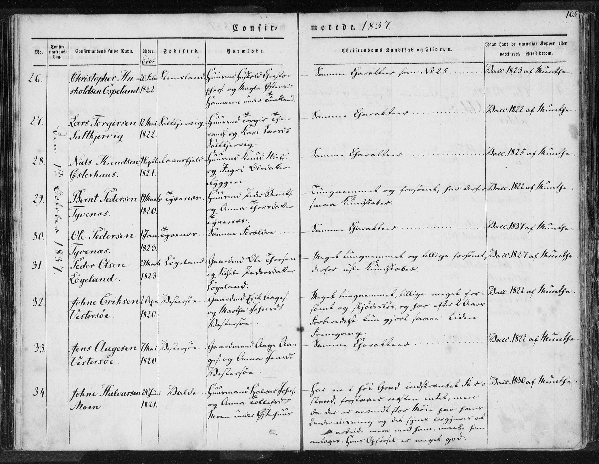 Hjelmeland sokneprestkontor, AV/SAST-A-101843/01/IV/L0006: Parish register (official) no. A 6, 1834-1845, p. 105