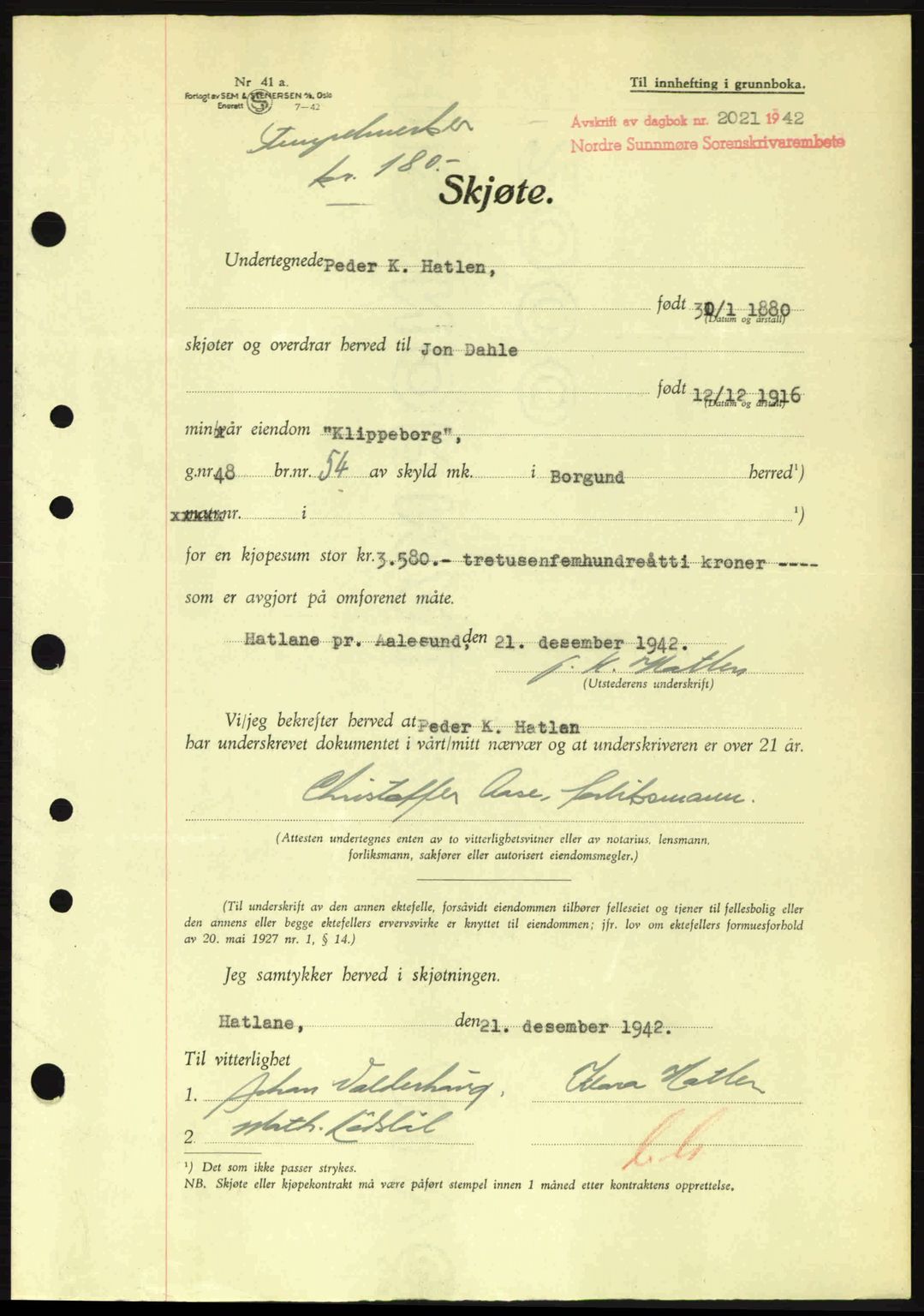 Nordre Sunnmøre sorenskriveri, AV/SAT-A-0006/1/2/2C/2Ca: Mortgage book no. A15, 1942-1943, Diary no: : 2021/1942