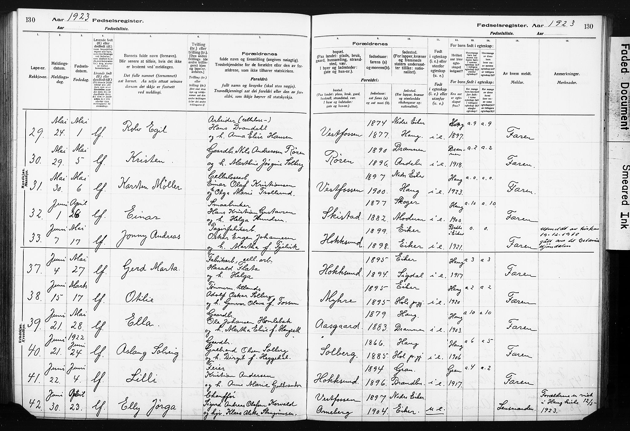 Eiker kirkebøker, AV/SAKO-A-4/J/Ja/L0001: Birth register no. I 1, 1916-1927, p. 130