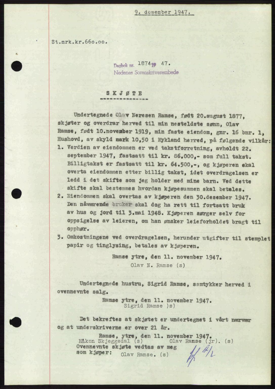 Nedenes sorenskriveri, AV/SAK-1221-0006/G/Gb/Gba/L0058: Mortgage book no. A10, 1947-1948, Diary no: : 1874/1947