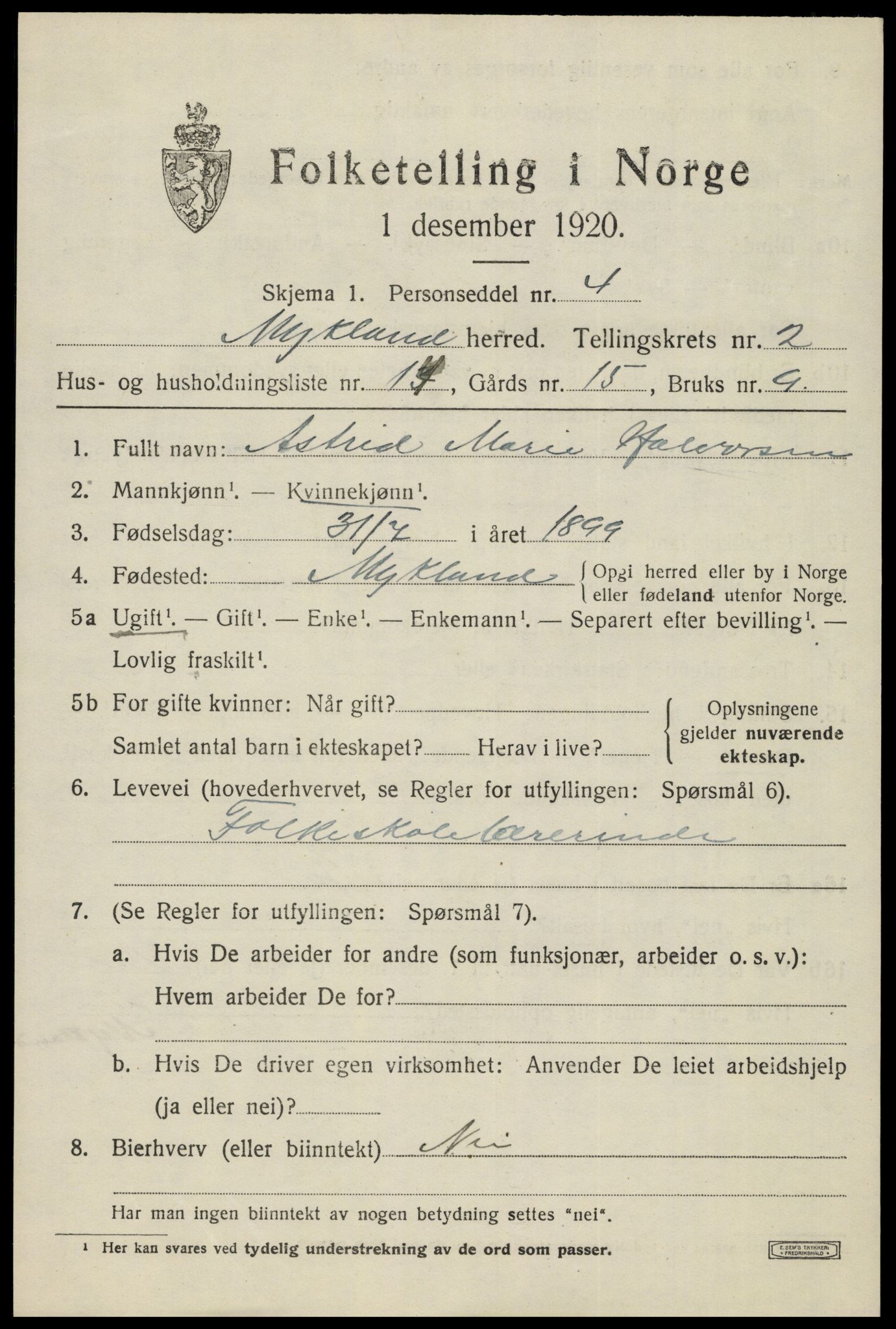 SAK, 1920 census for Mykland, 1920, p. 876