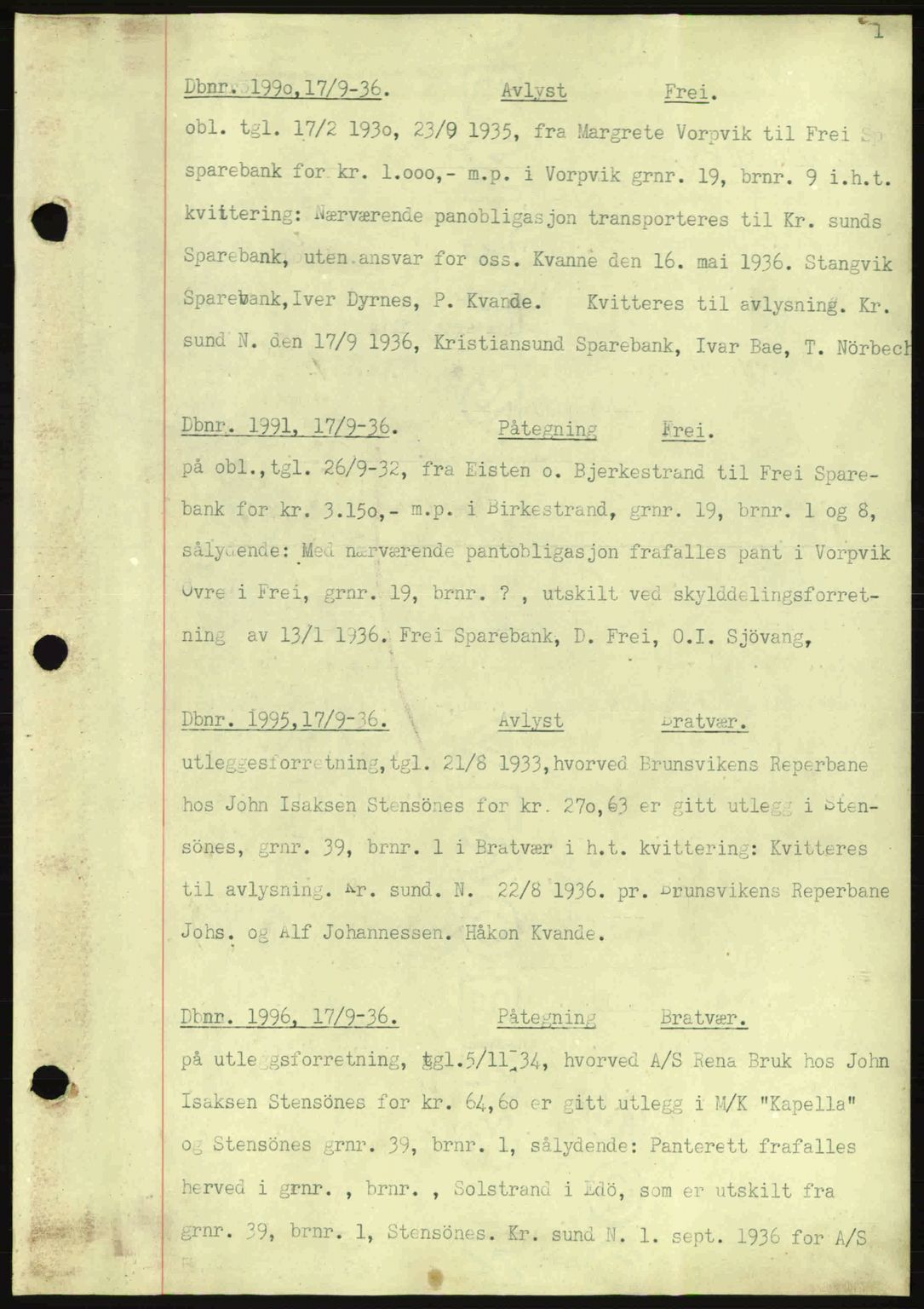 Nordmøre sorenskriveri, AV/SAT-A-4132/1/2/2Ca: Mortgage book no. C80, 1936-1939, Diary no: : 1990/1936