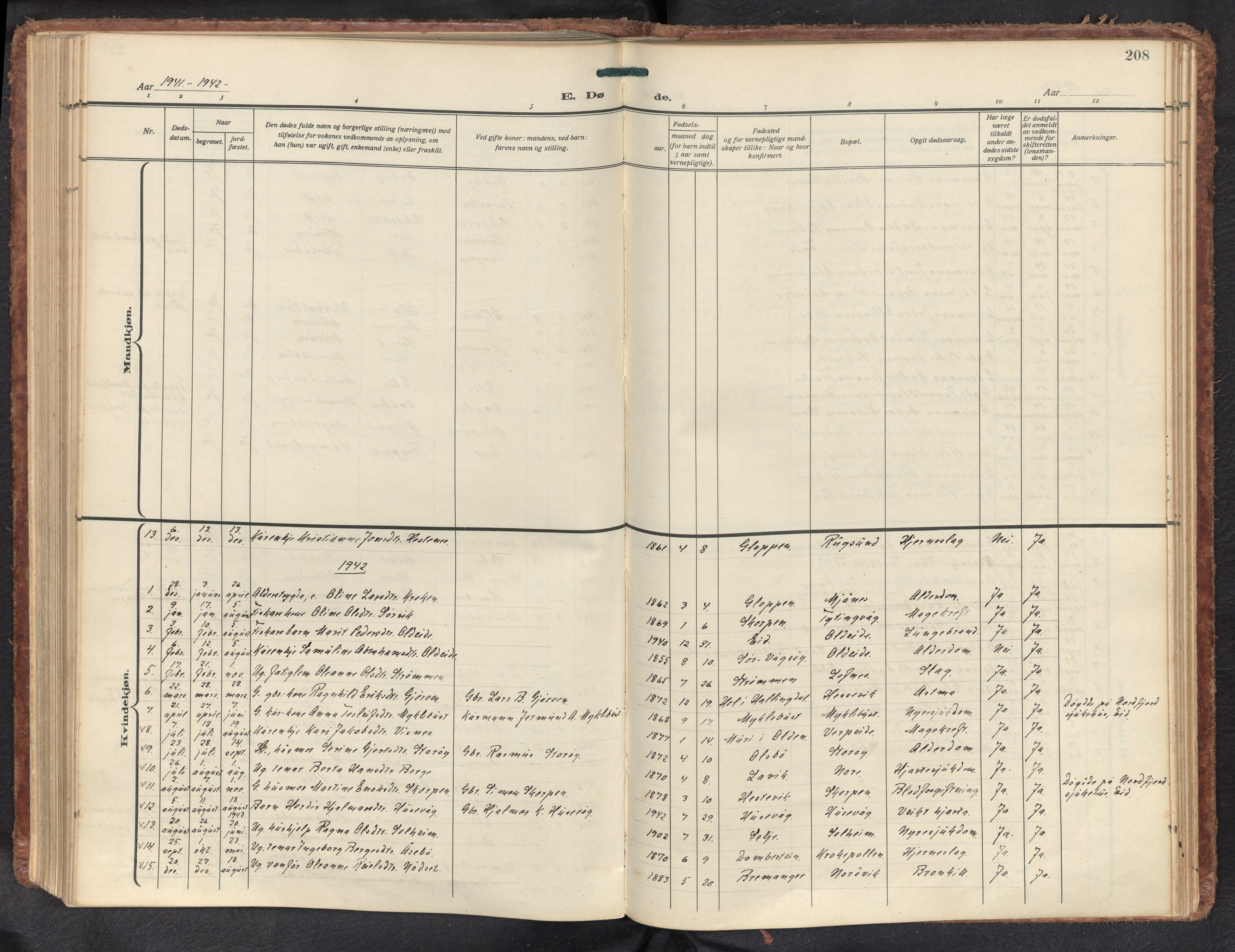 Davik sokneprestembete, SAB/A-79701/H/Haa/Haad/L0003: Parish register (official) no. D 3, 1931-1952, p. 207b-208a