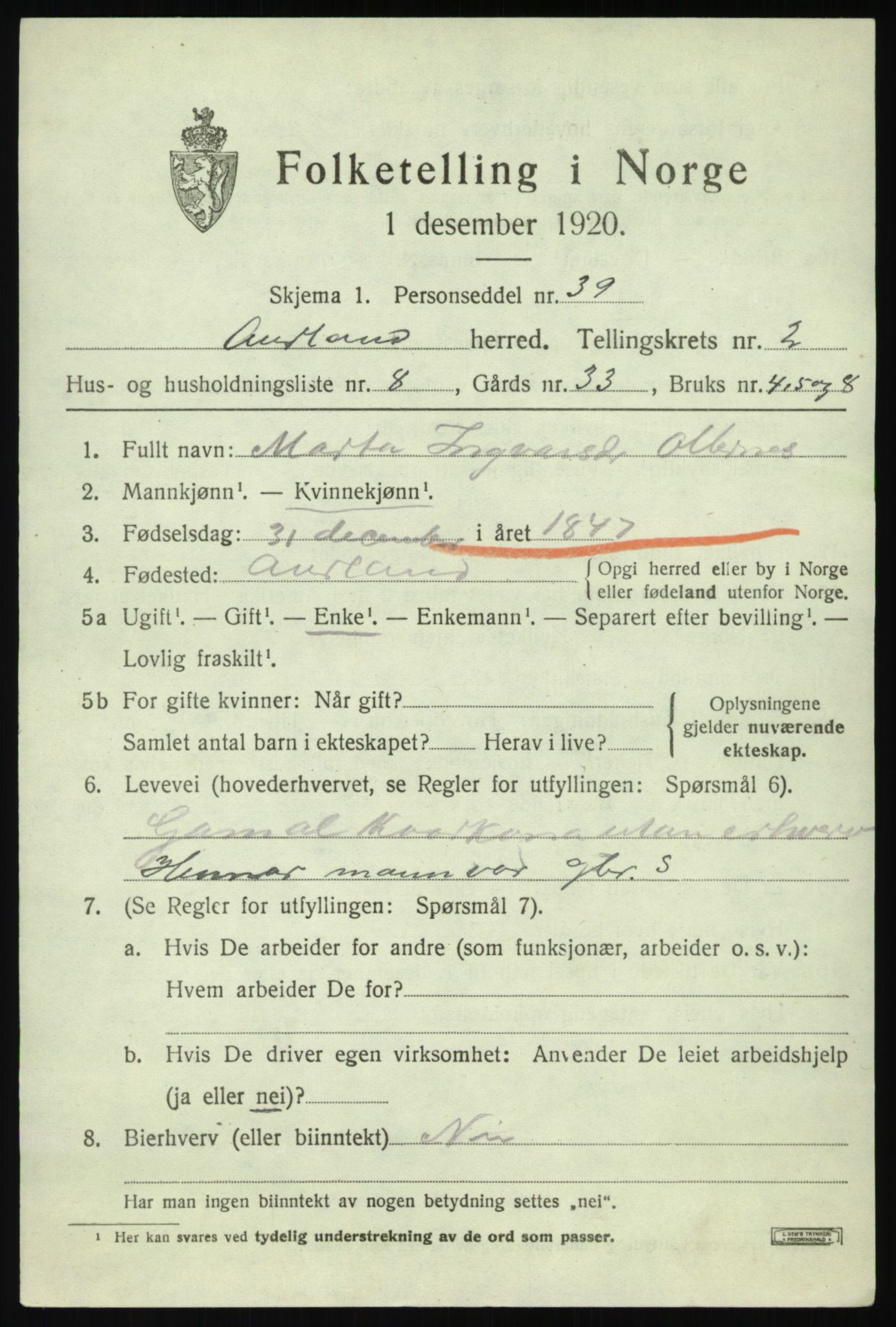 SAB, 1920 census for Aurland, 1920, p. 1906