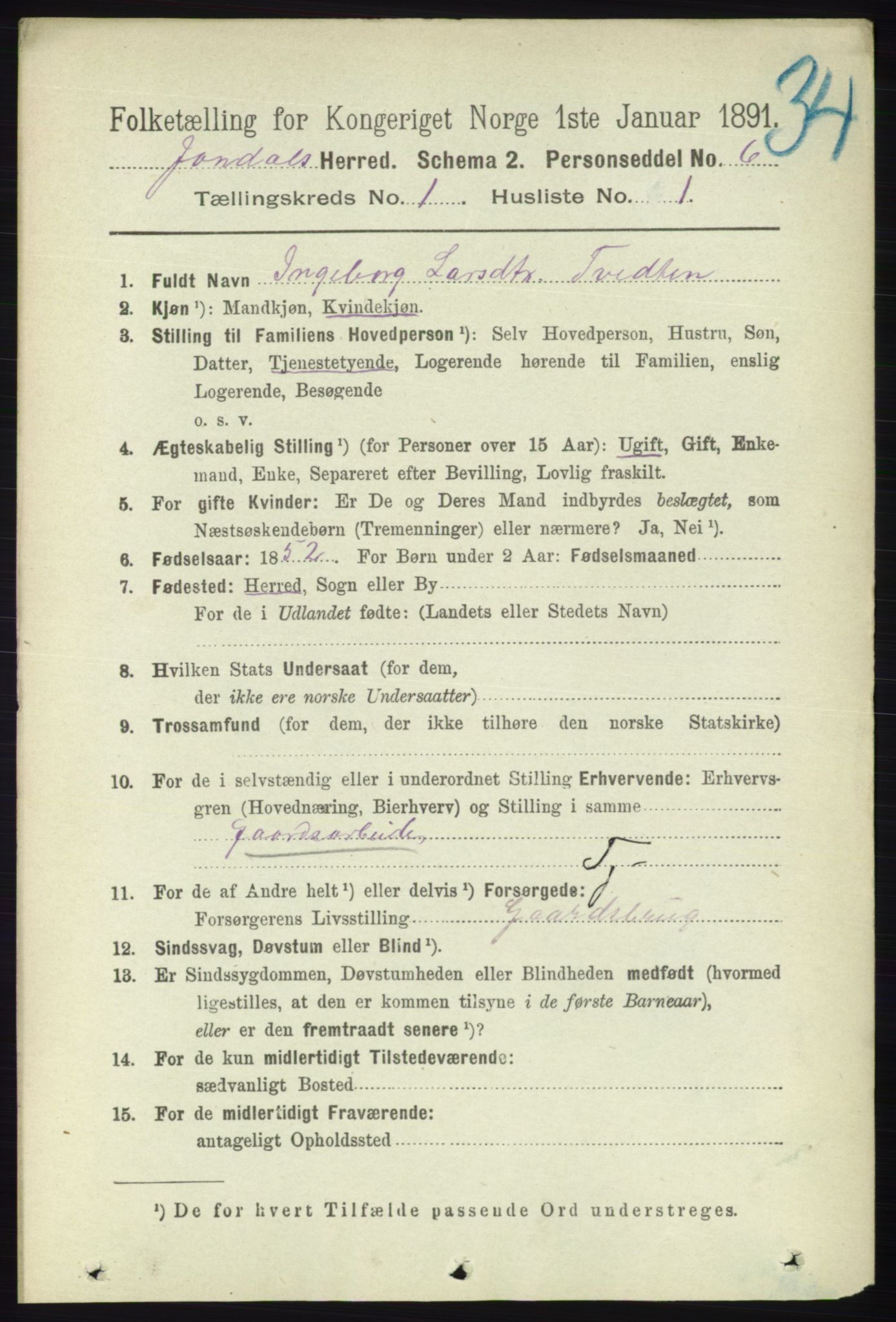 RA, 1891 census for 1227 Jondal, 1891, p. 143