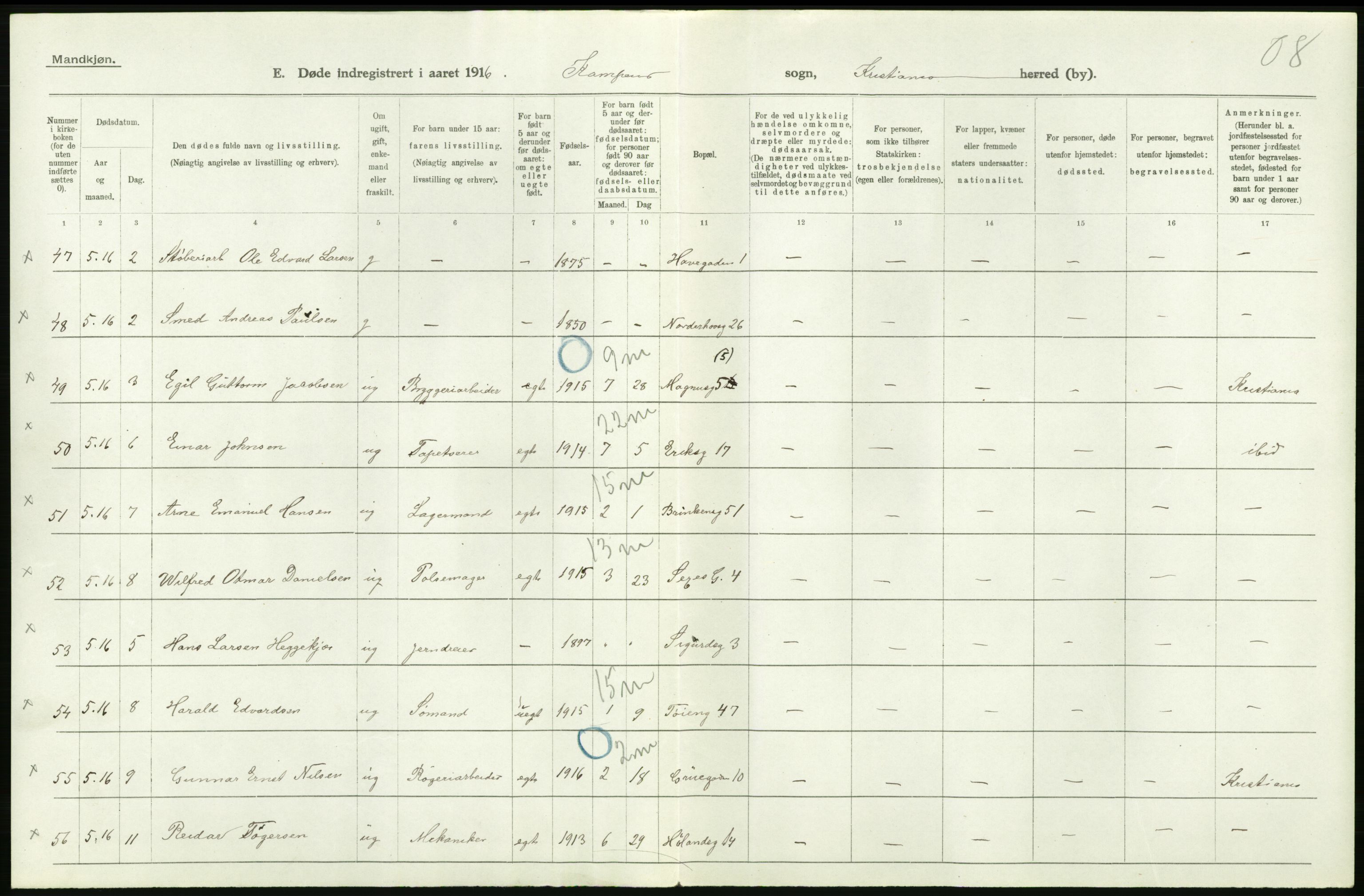 Statistisk sentralbyrå, Sosiodemografiske emner, Befolkning, RA/S-2228/D/Df/Dfb/Dfbf/L0009: Kristiania: Døde., 1916, p. 166