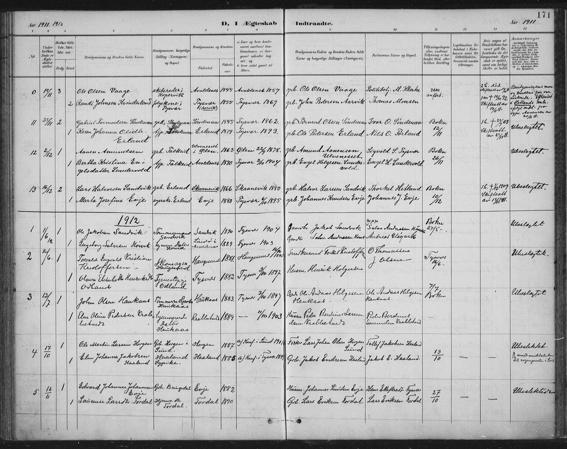 Tysvær sokneprestkontor, AV/SAST-A -101864/H/Ha/Haa/L0008: Parish register (official) no. A 8, 1897-1918, p. 171